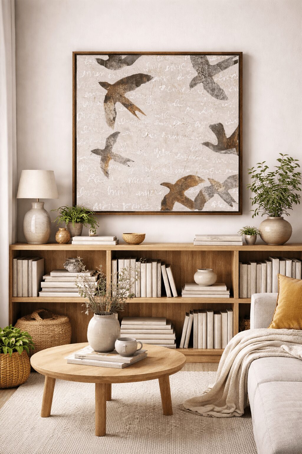 Living room with a framed bird artwork, wooden bookshelf, round coffee table, and a sofa with a yellow pillow.