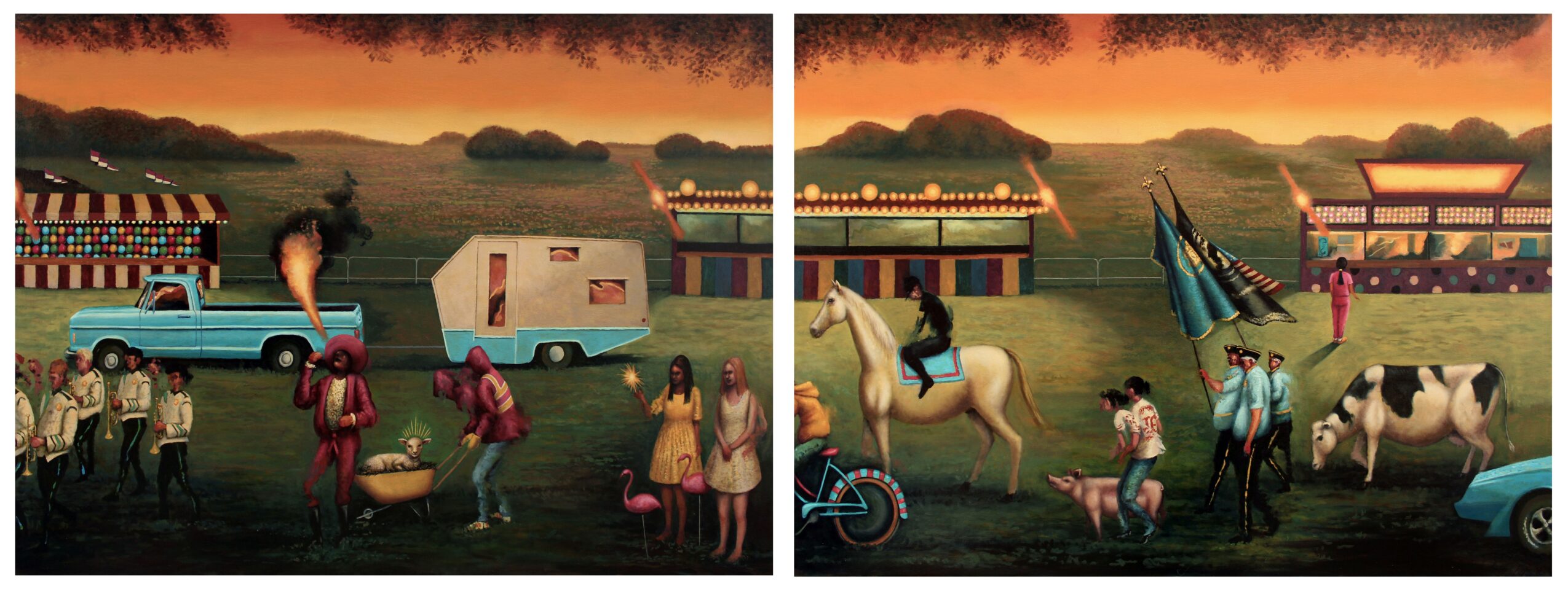 Two scenes of a fairground with people, animals, and rides at sunset, with tents and a horse-drawn carriage visible.