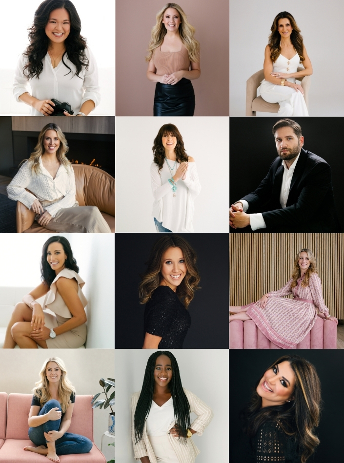 Collage of twelve diverse women in various poses and outfits, some smiling, some serious, with different backgrounds.