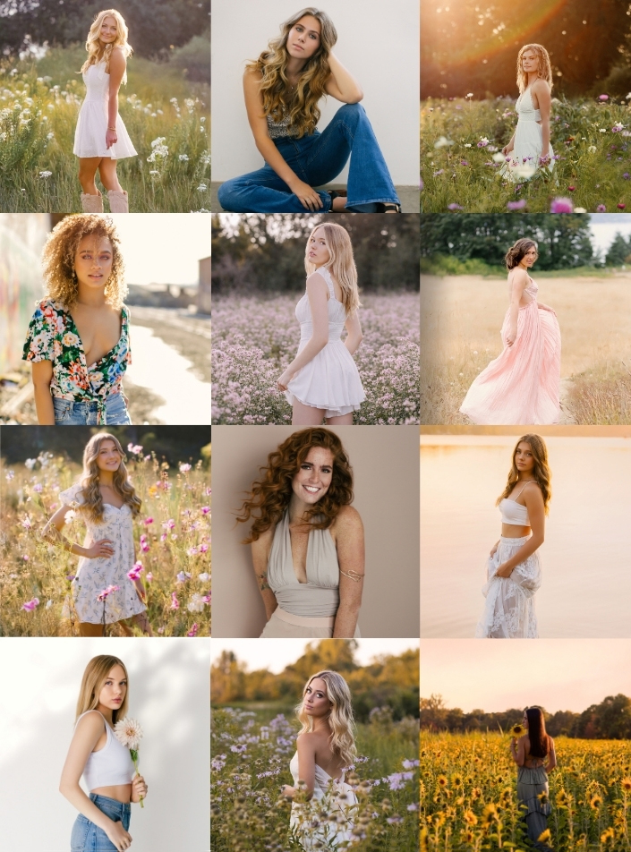 Collage of nine women and girls in outdoor settings, some standing, sitting, or walking in fields and gardens.