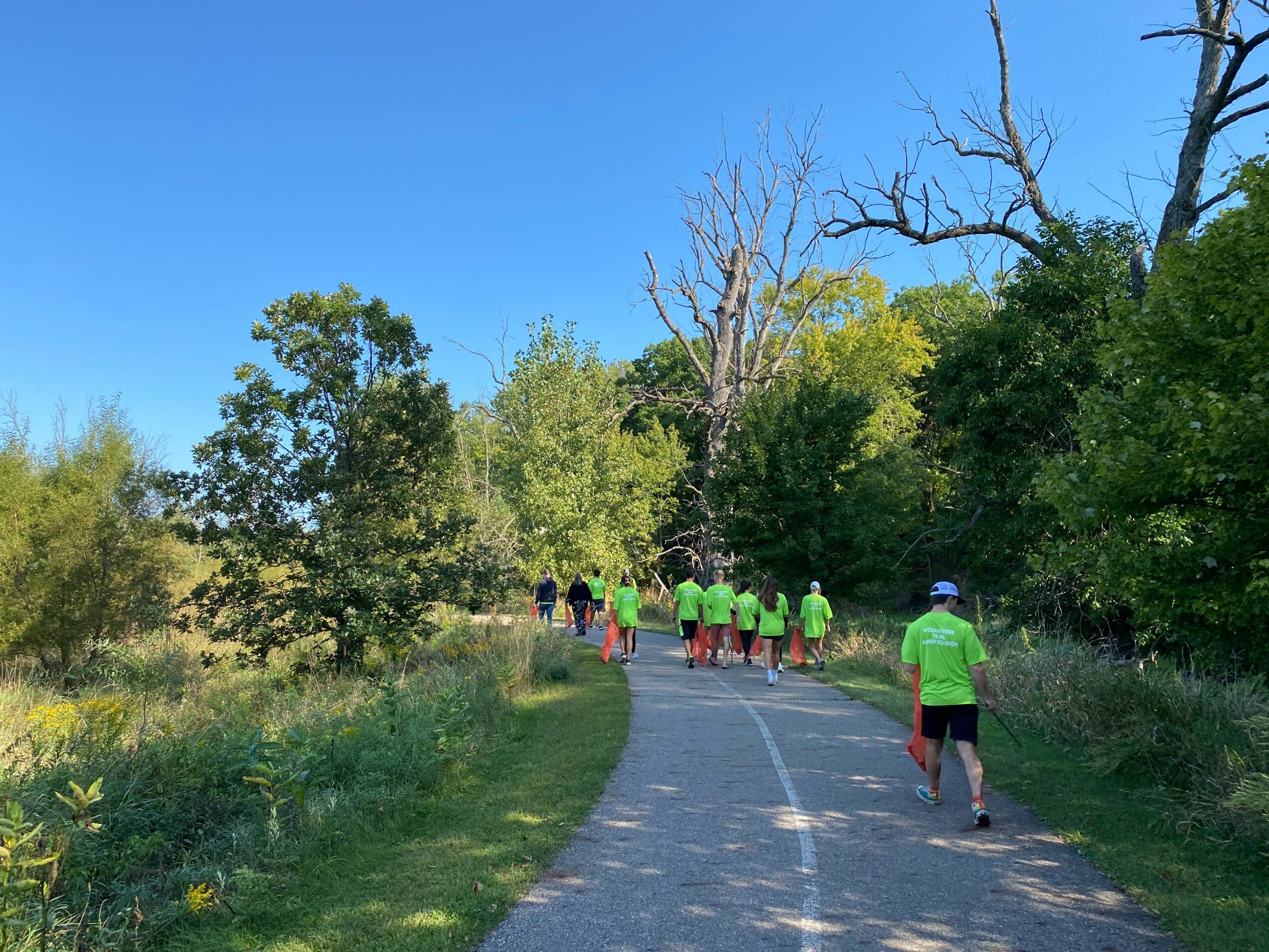 Group of people walking on a paved trail surrounded by trees and greenery under a clear blue sky.
