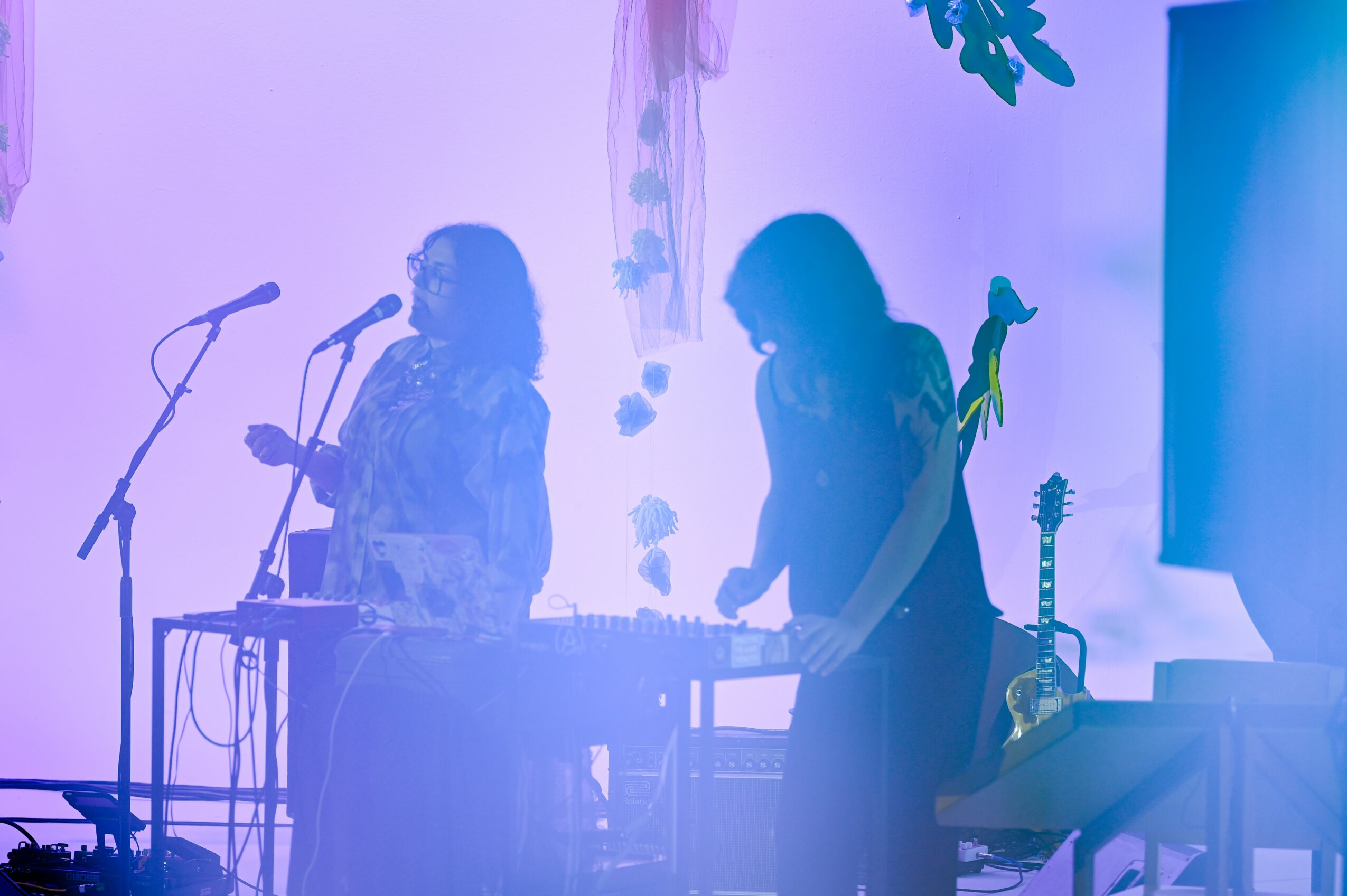 Two people perform on stage with musical instruments and microphones, illuminated by purple and blue lighting.