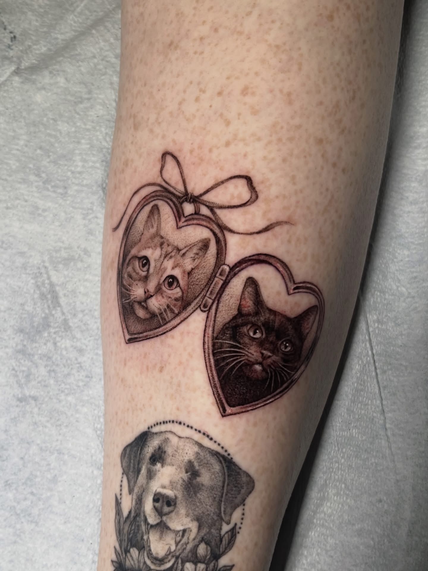 Tattoo of two heart-shaped frames with a kitten and a cat, and a dog below, all in black and gray ink.