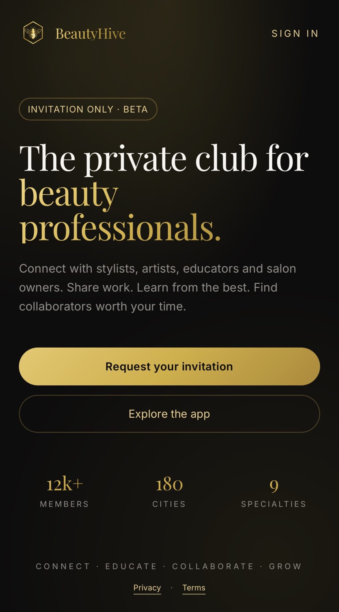 Screen displaying a private club invitation for beauty professionals, with options to request invitation or explore the app.