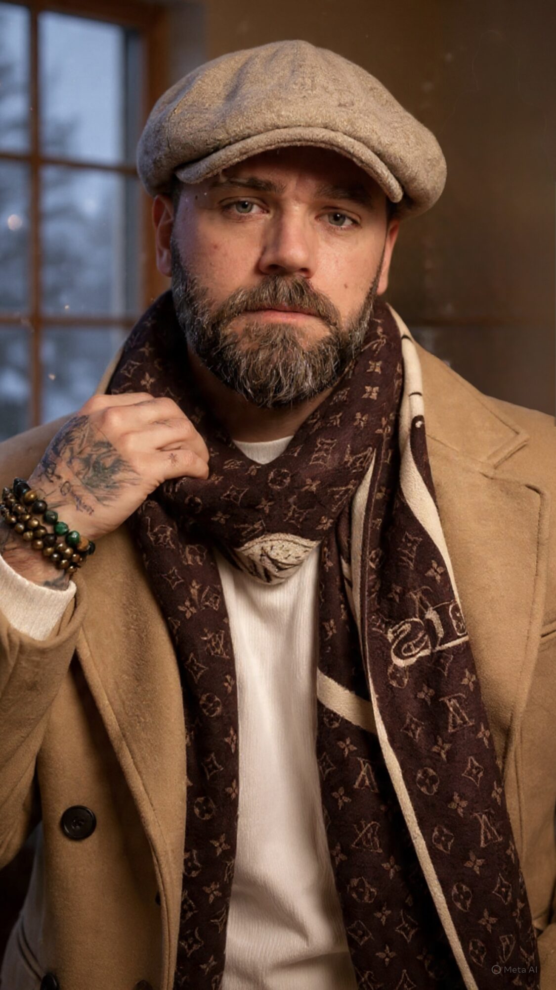 Man with beard wearing a flat cap, scarf, and coat, standing indoors near a window.