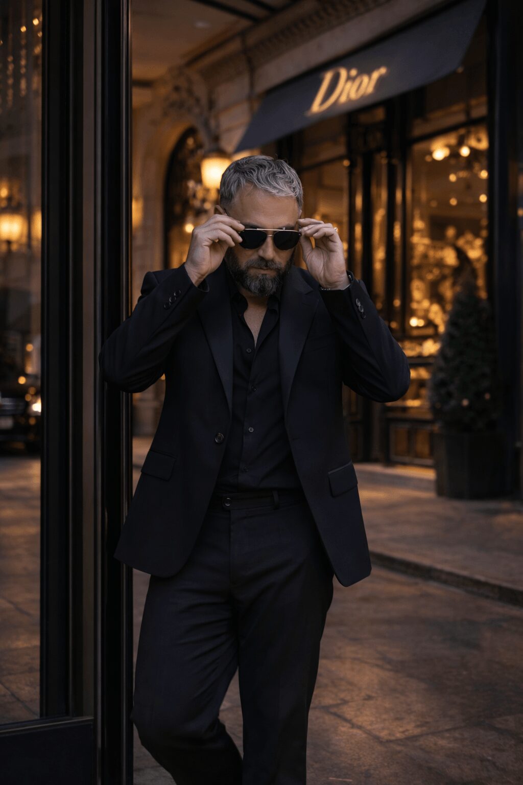 Man in black suit adjusting sunglasses outside Dior store at night.
