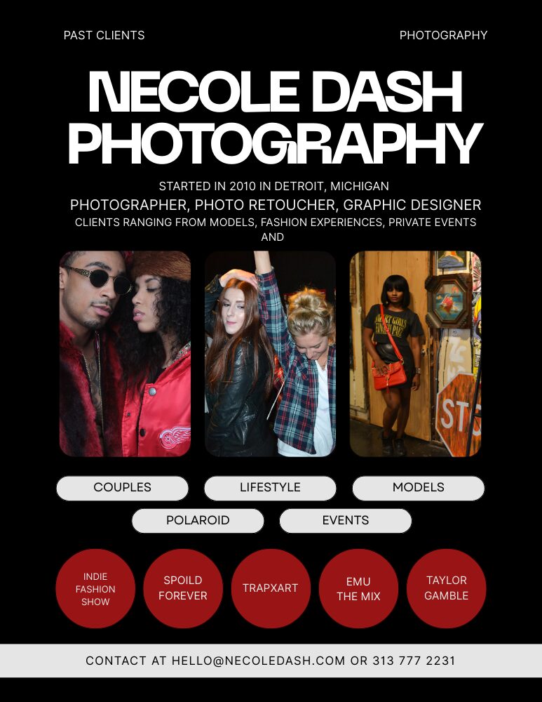 Business card for Necole Dash Photography with images of people, event, and fashion scenes, and contact information.