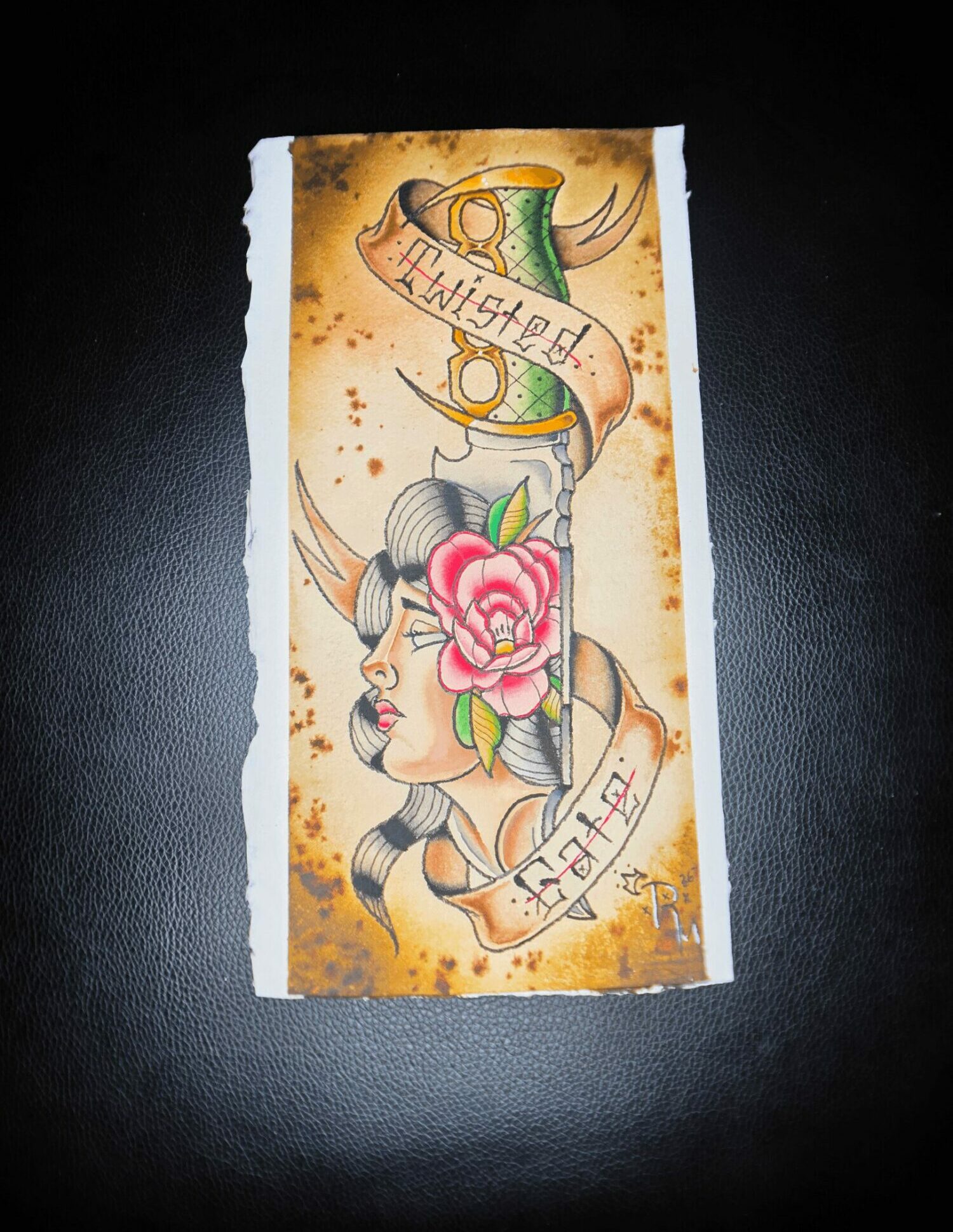 Tattoo-style illustration of a woman with striped hair, a pink flower, and a banner reading 'Unstoppable'.
