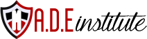 Logo with shield and text 'A.D.E' in red on black background
