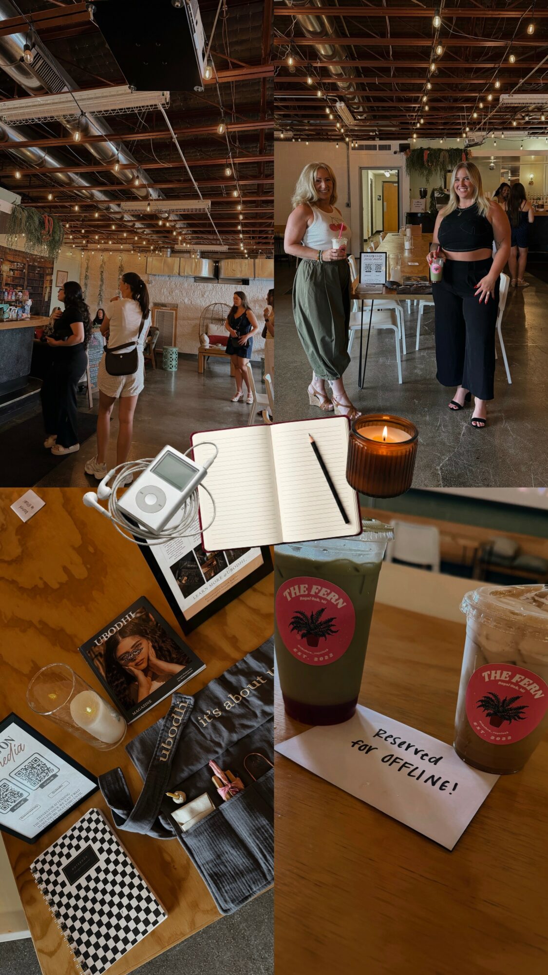 People standing and talking in a large indoor space with high ceilings, some holding drinks, and a table with cups and a notebook.