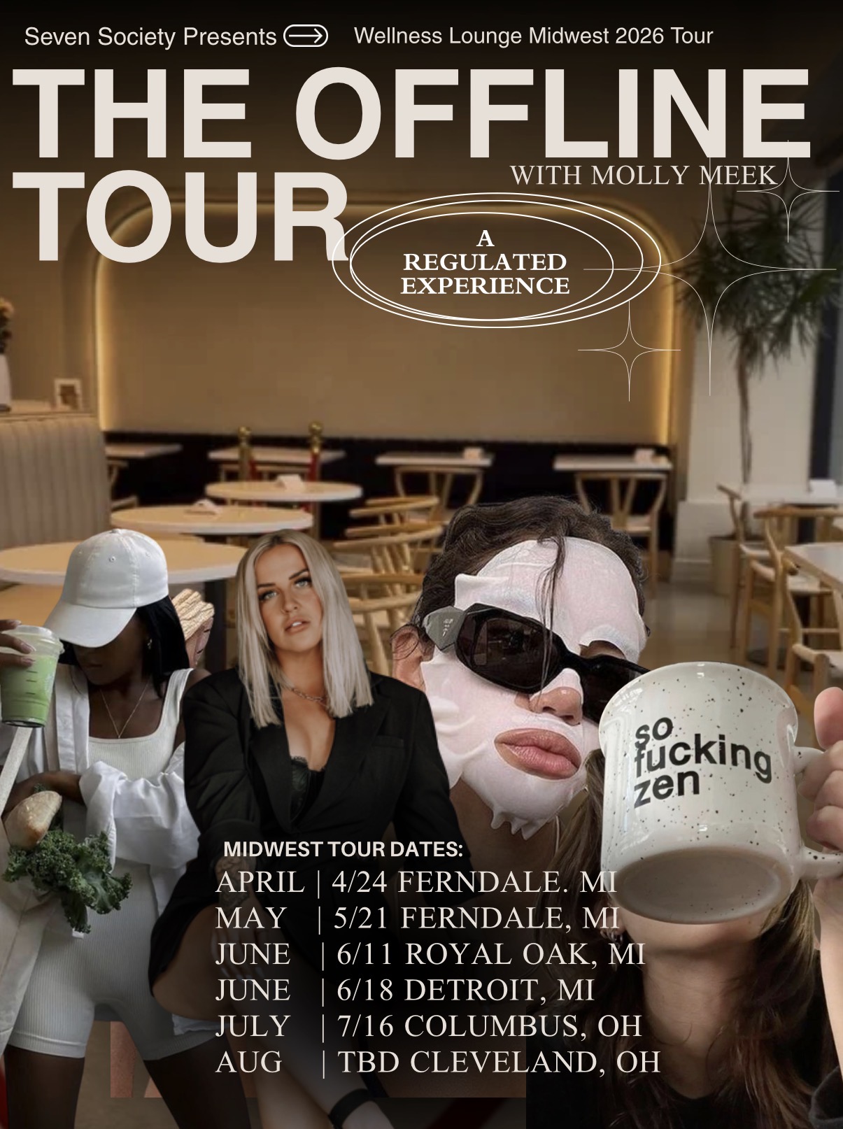 Promotional poster for The Offline Tour featuring Molly Meek, with images of people and a background of a lounge area.