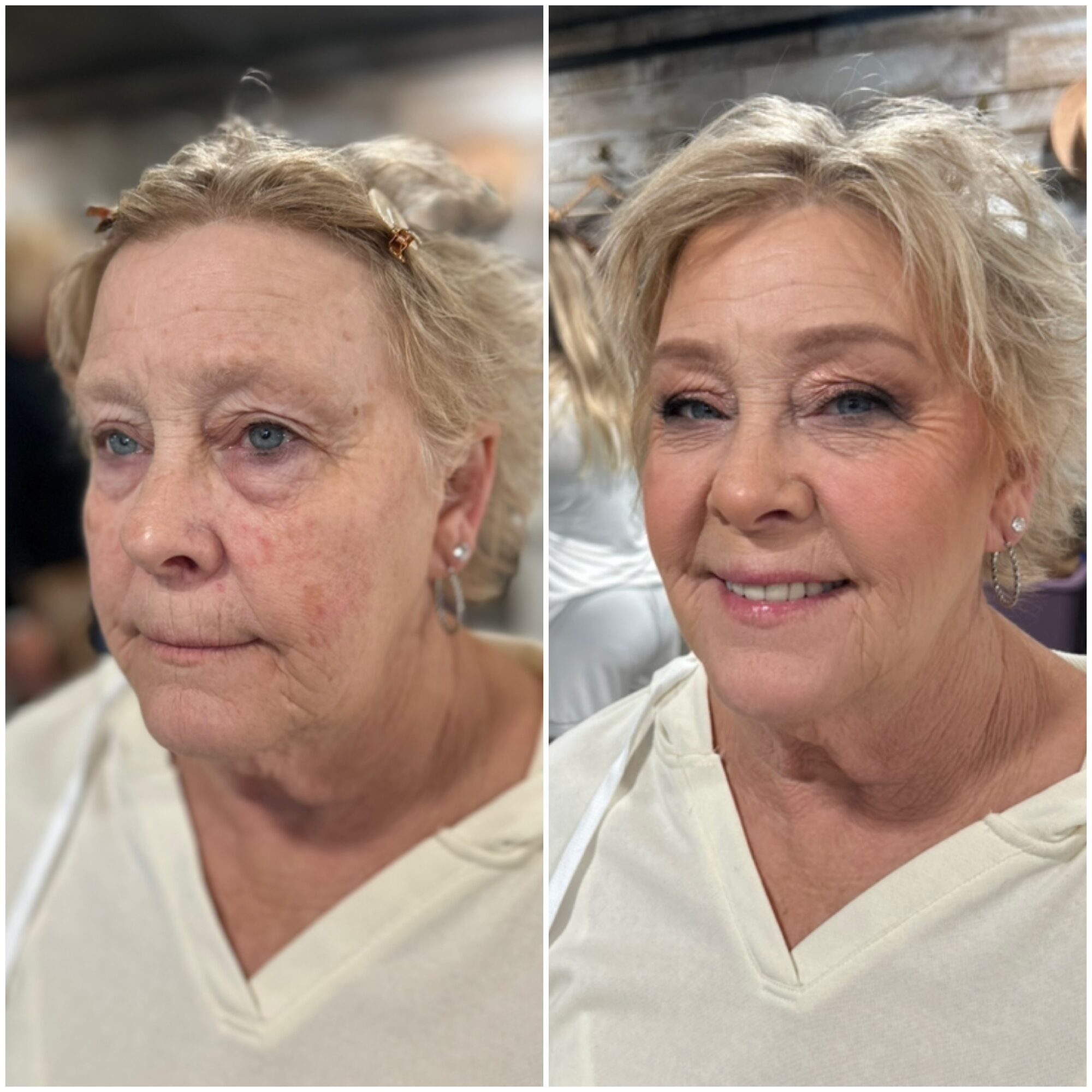 Side-by-side comparison of a woman before and after makeup application, showing improved skin appearance and a smile.