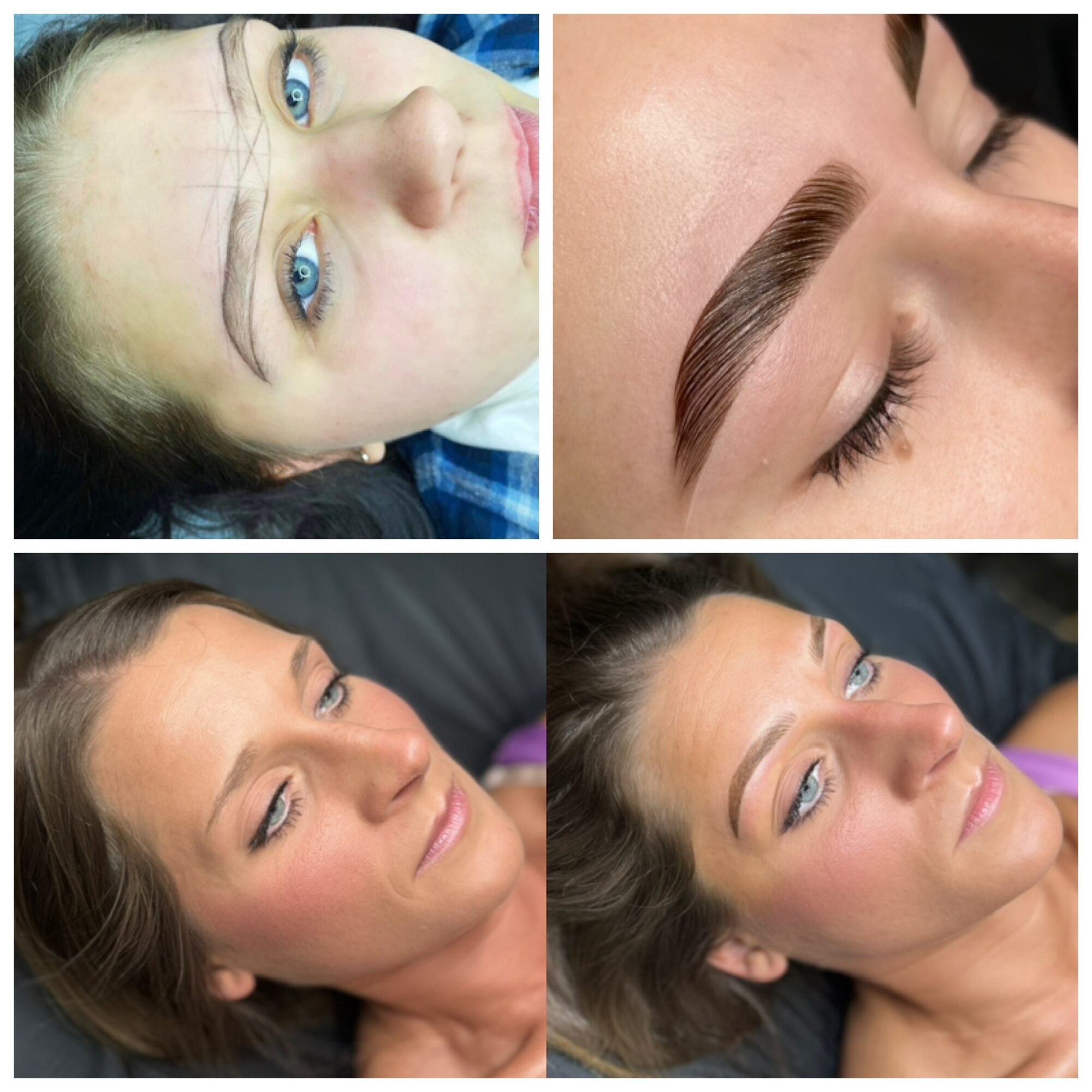 Comparison of a woman's face before and after eyebrow grooming, showing improved eyebrow shape and grooming, with a close-up of her face.