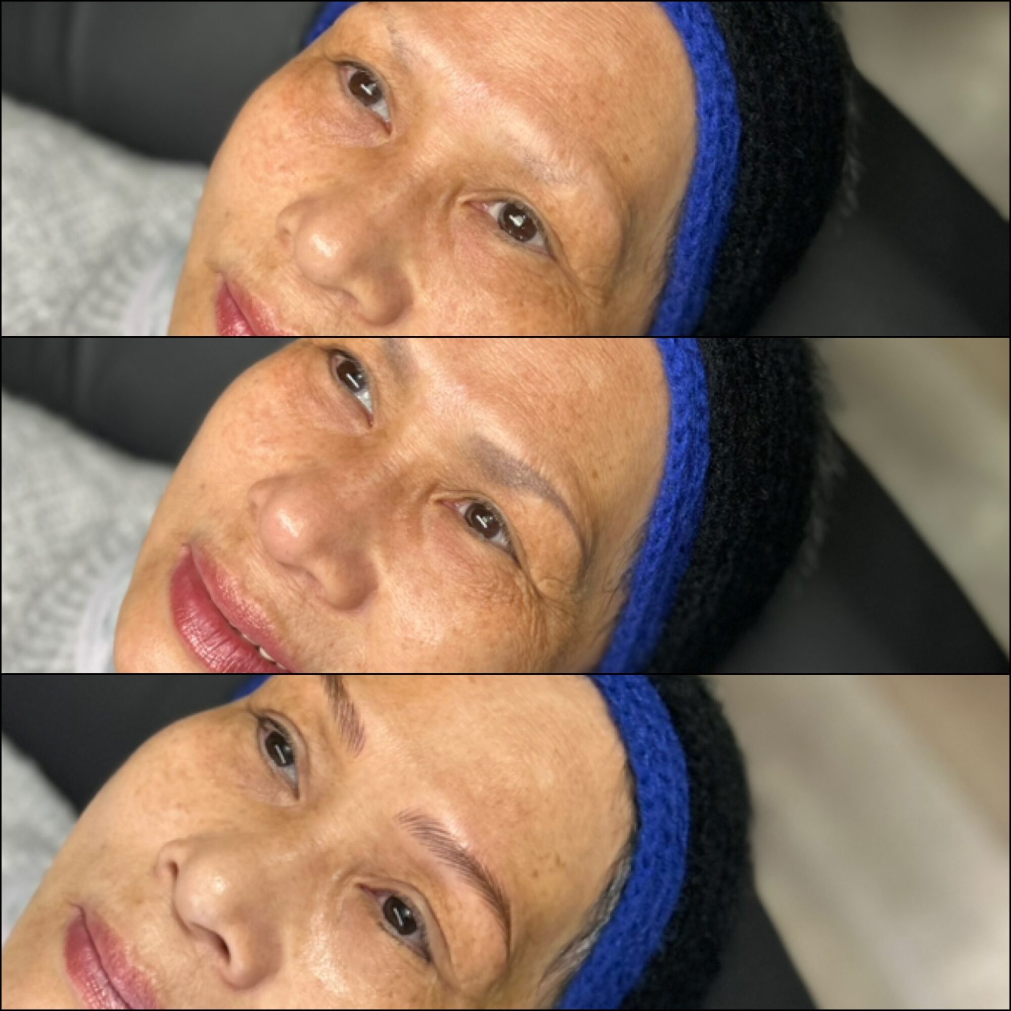 Close-up of a woman's face with a blue headband, showing her eyes, nose, and lips, in three different angles.