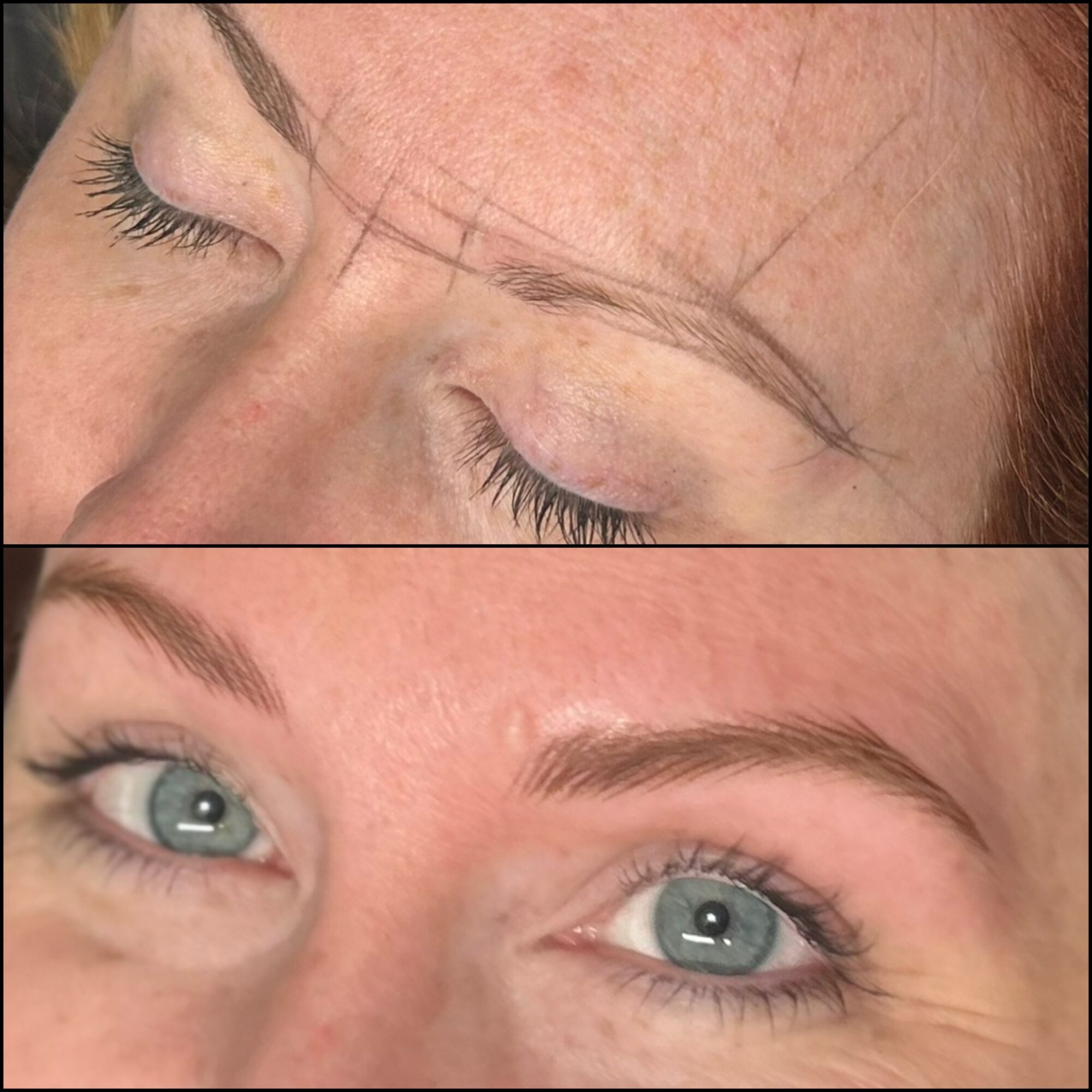 Close-up of a person's face showing before and after eyebrow grooming, with visible eye and eyebrow details.
