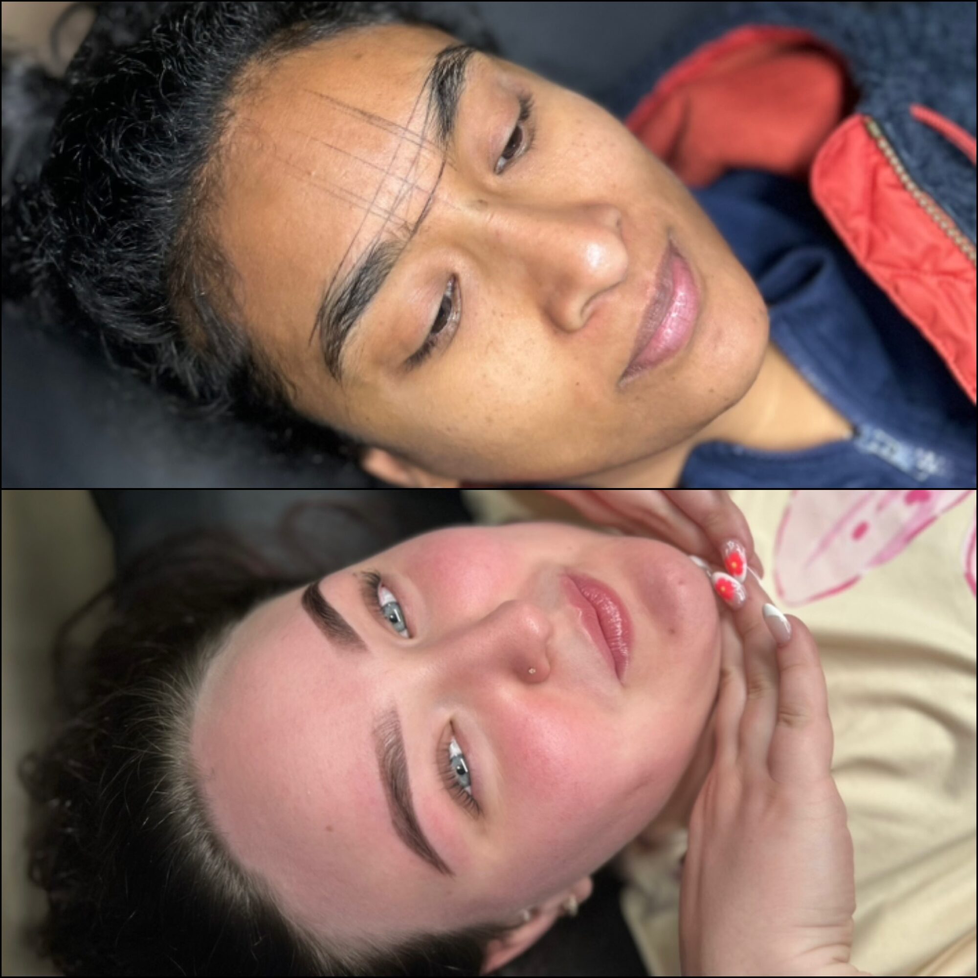 Two women lying down, one with dark hair and the other with light hair, both with closed eyes and relaxed expressions.