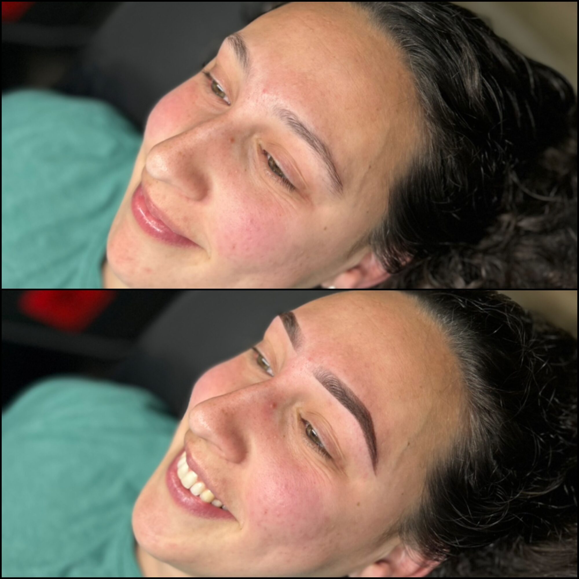 Before and after eyebrow enhancement, woman smiling, lying down, natural lighting, close-up of face, dark hair, green top.