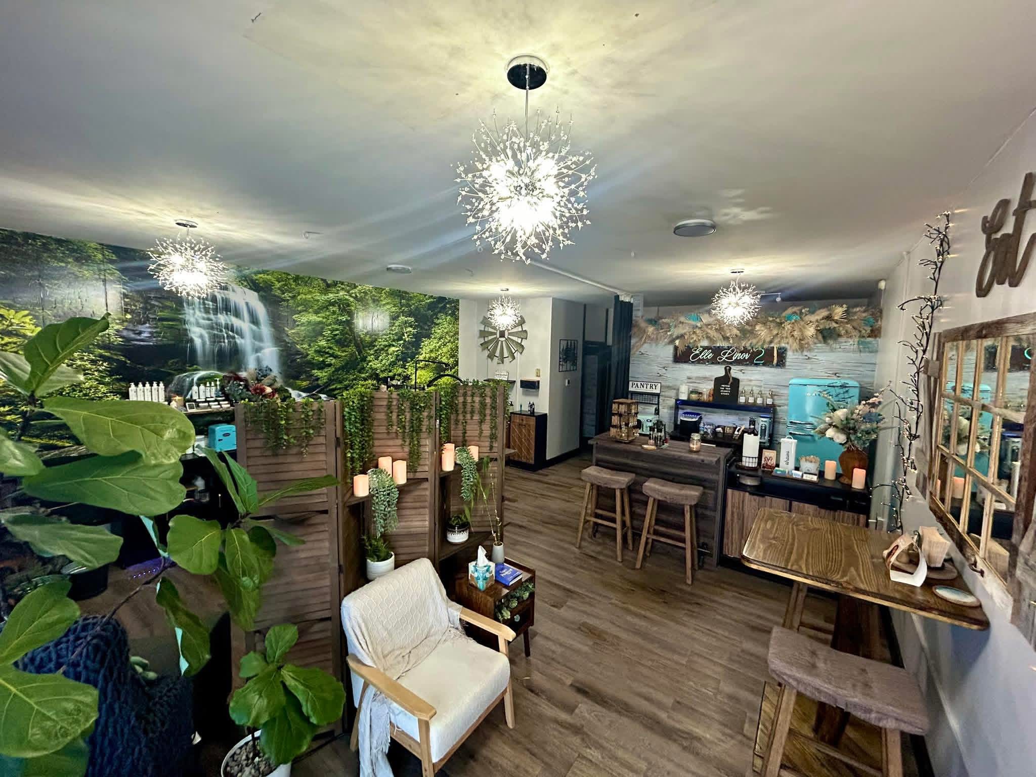 Indoor space with dining area, greenery, and decorative lighting fixtures, including a chandelier and wall-mounted lights, with wooden furniture and plants.