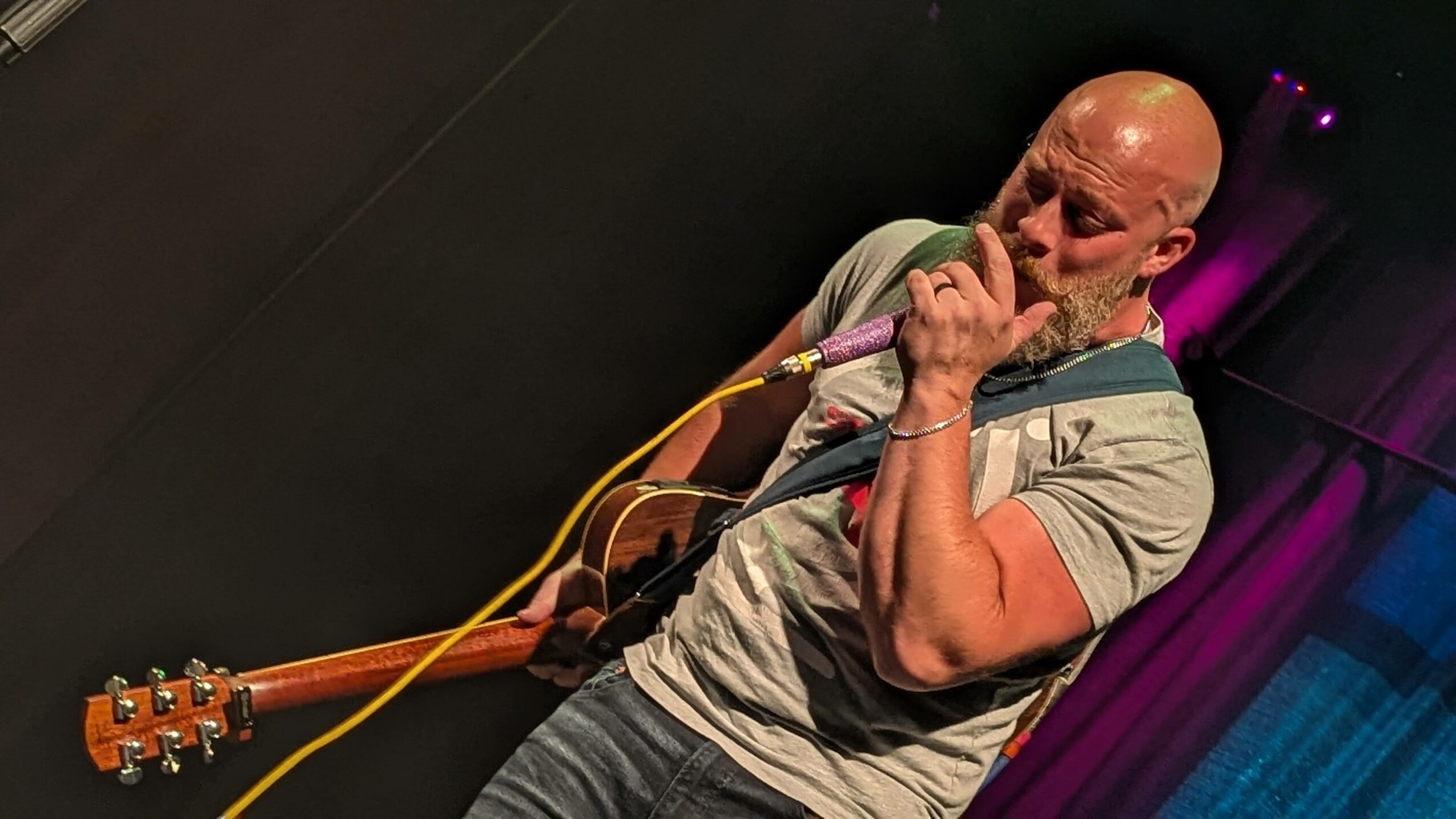 Bald man playing guitar and singing into a microphone on stage, with purple and blue lighting in the background.