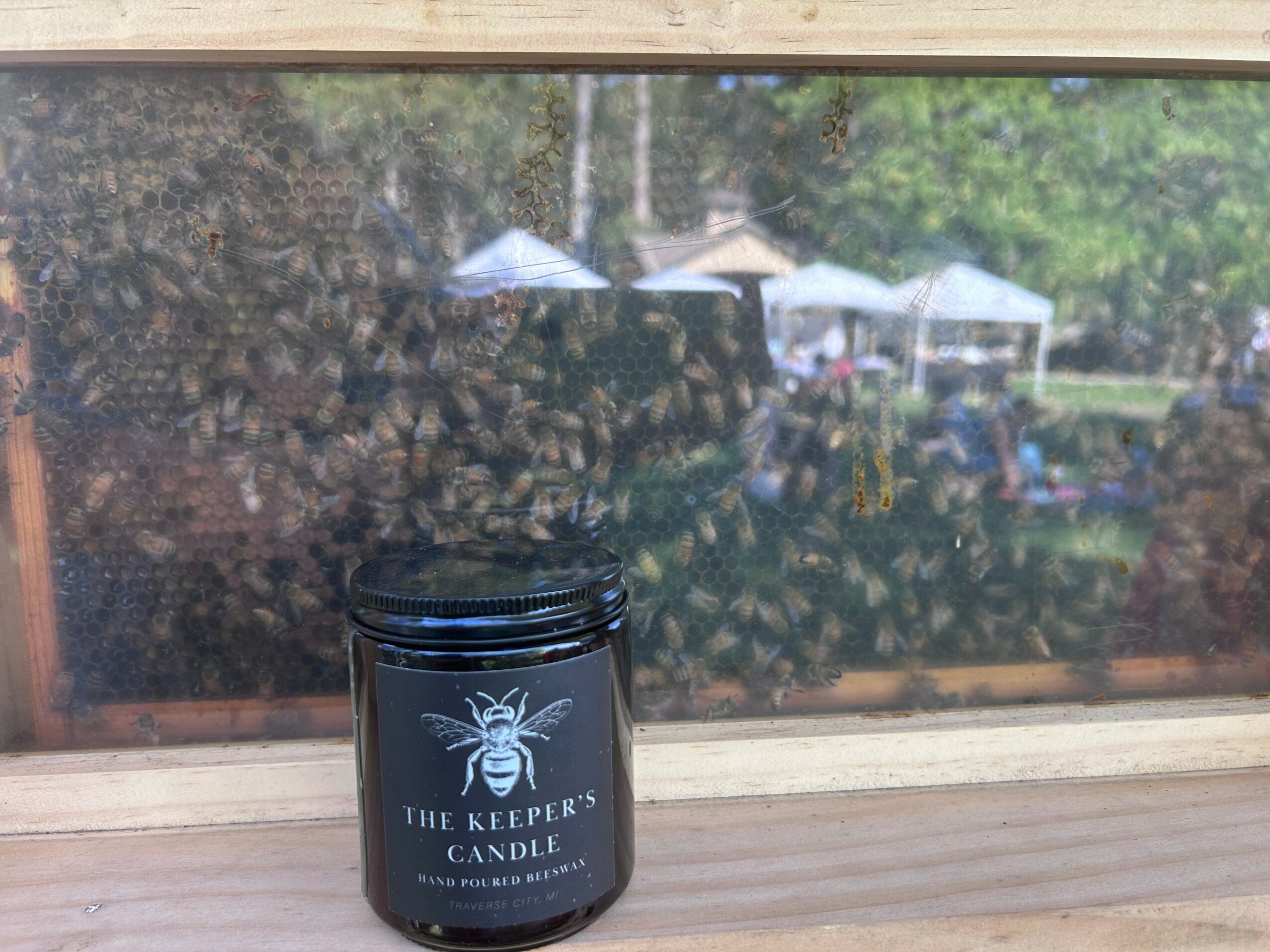 A black candle jar with a bee logo and text, placed on a windowsill with an outdoor scene visible through the window.