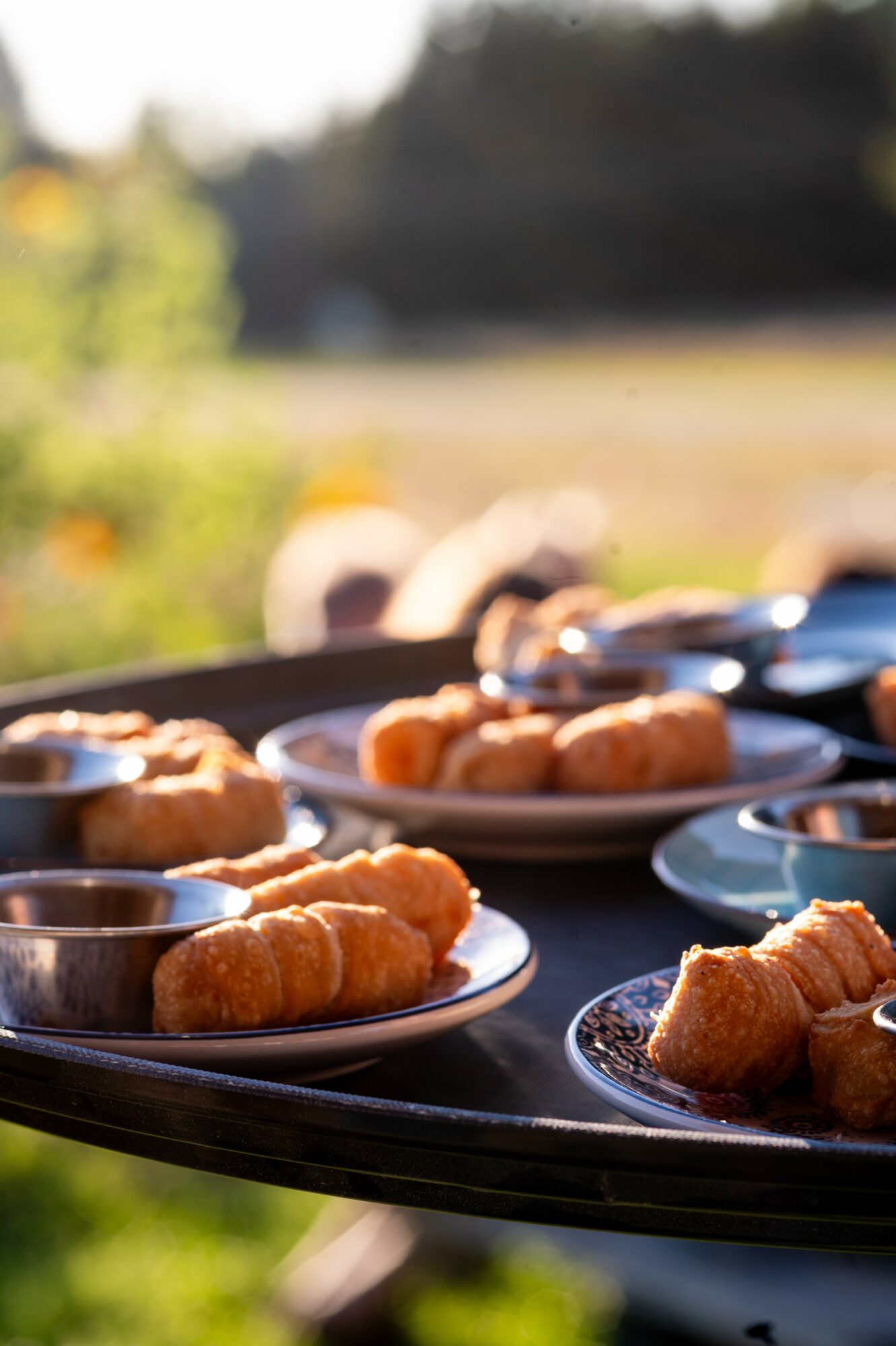 Several plates with fried food on a black tray outdoors, with a blurred background of trees and sky.