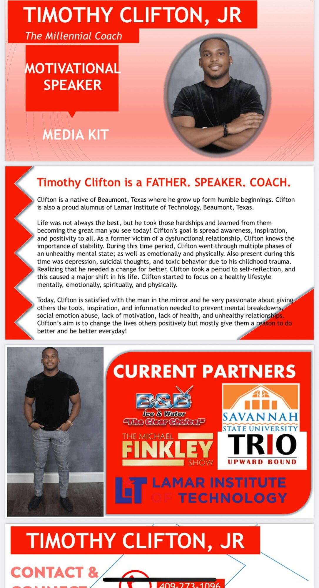 Poster featuring Timothy Clifton, Jr., motivational speaker, coach, and media kit, with a photo of him smiling, and a section listing current partners and educational institution.