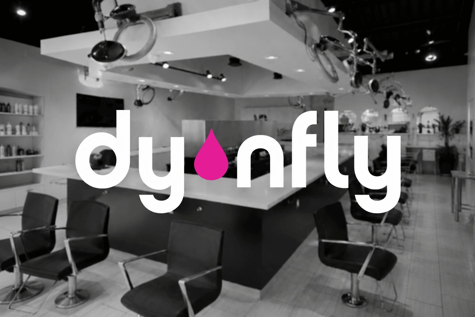 Modern salon interior with chairs and mirrors, logo with pink droplet and the word 'dyonfly' overlayed