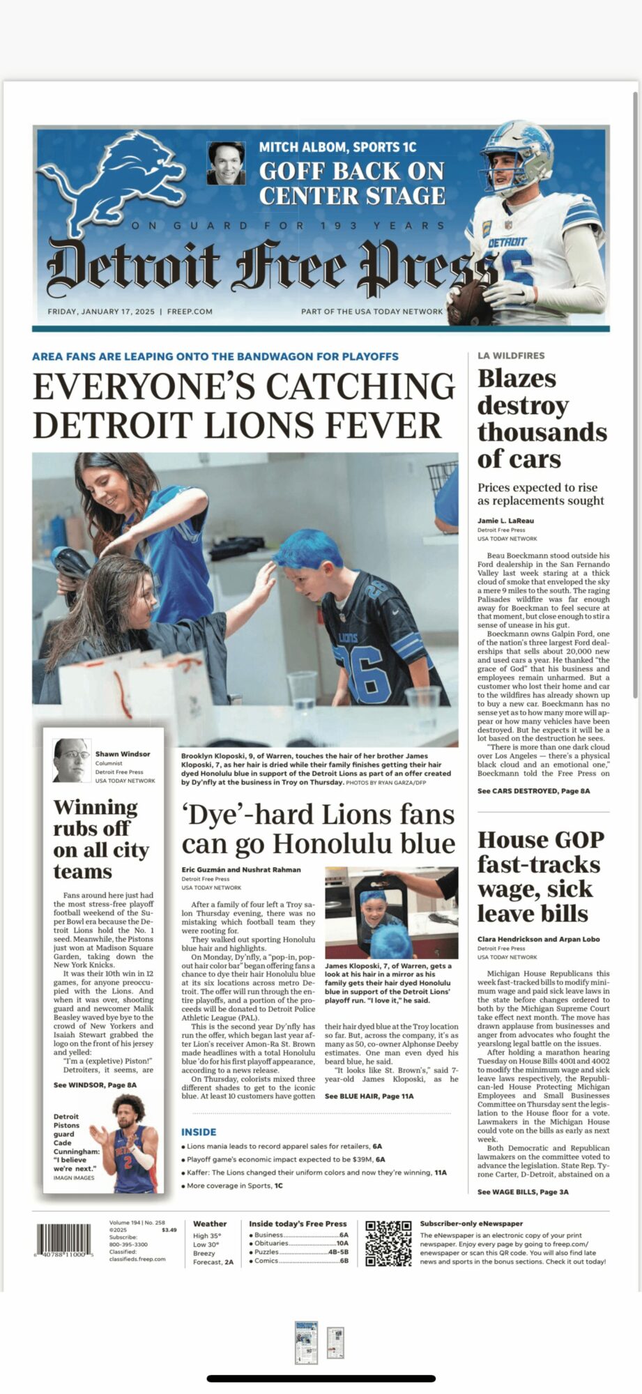 Front page of Detroit Free Press with sports and news headlines, images of people and a football player, and text in columns.