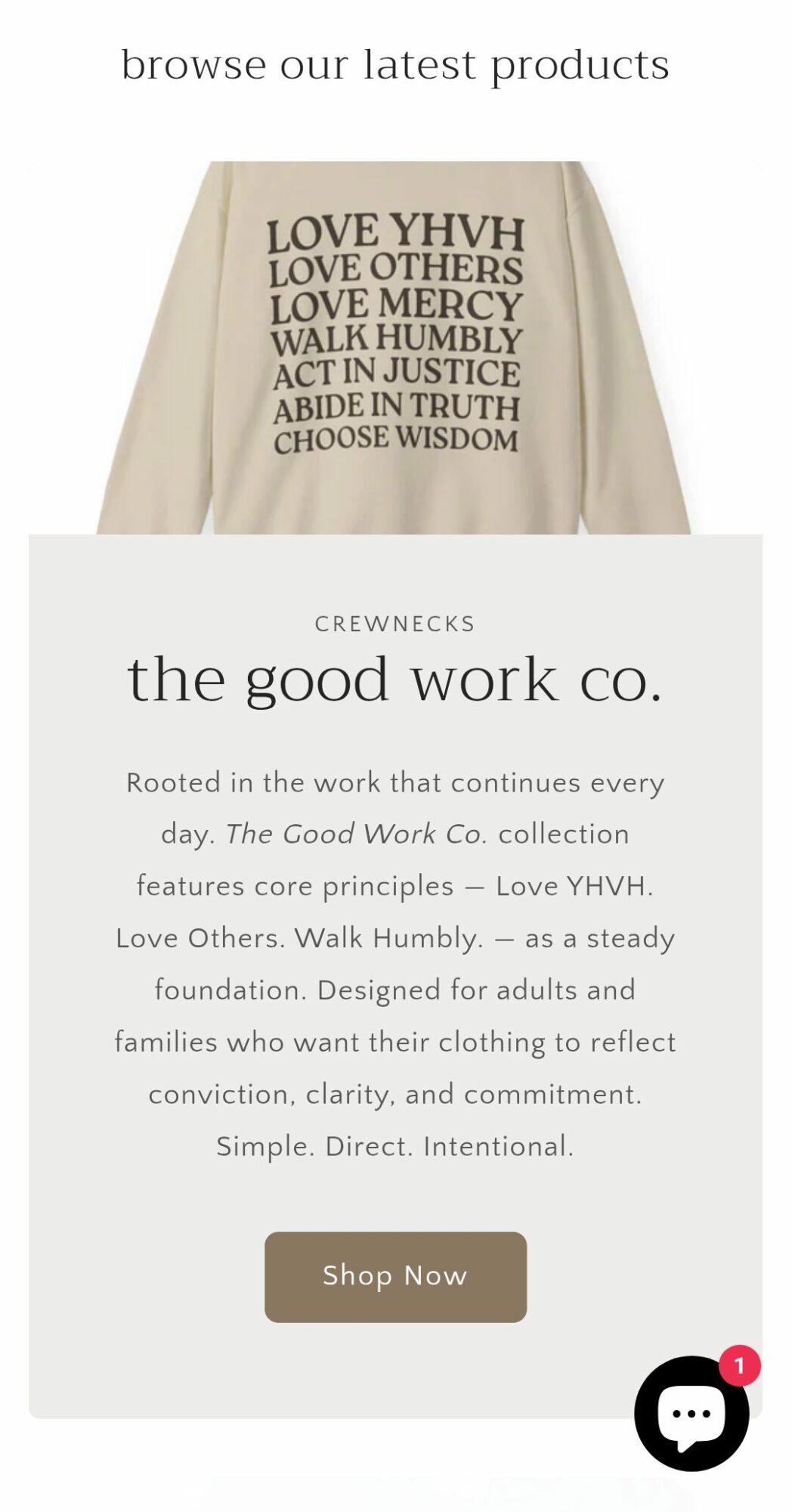 Text on a beige background with product information and a brown 'Shop Now' button, promoting the Good Work Co. brand.