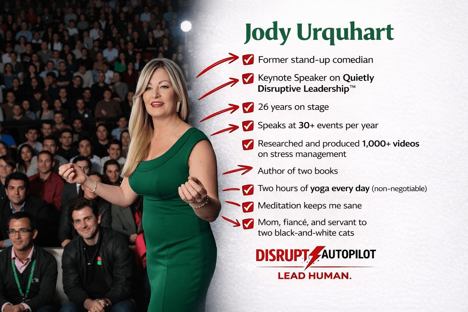 Woman in green dress speaking at event, audience in background, bullet points list achievements, red and black text, white background.