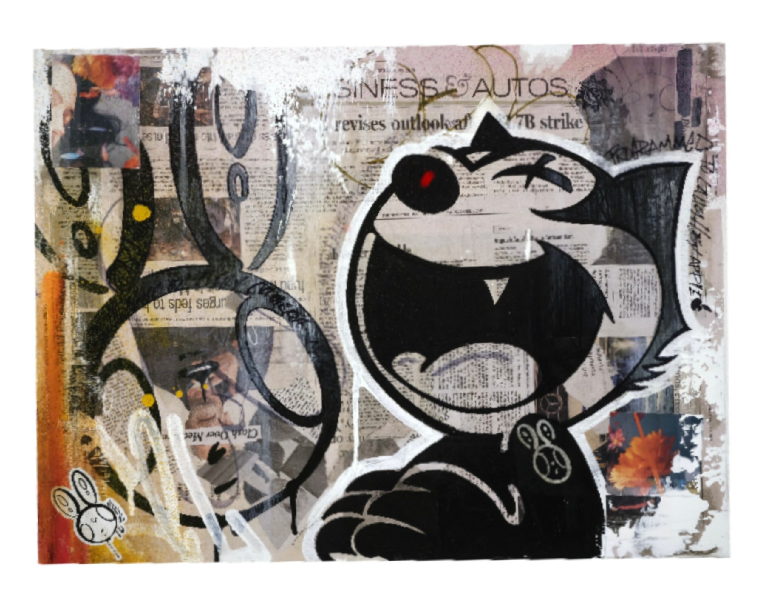 Street art featuring a cartoon black cat with a red nose, smiling, with graffiti background.