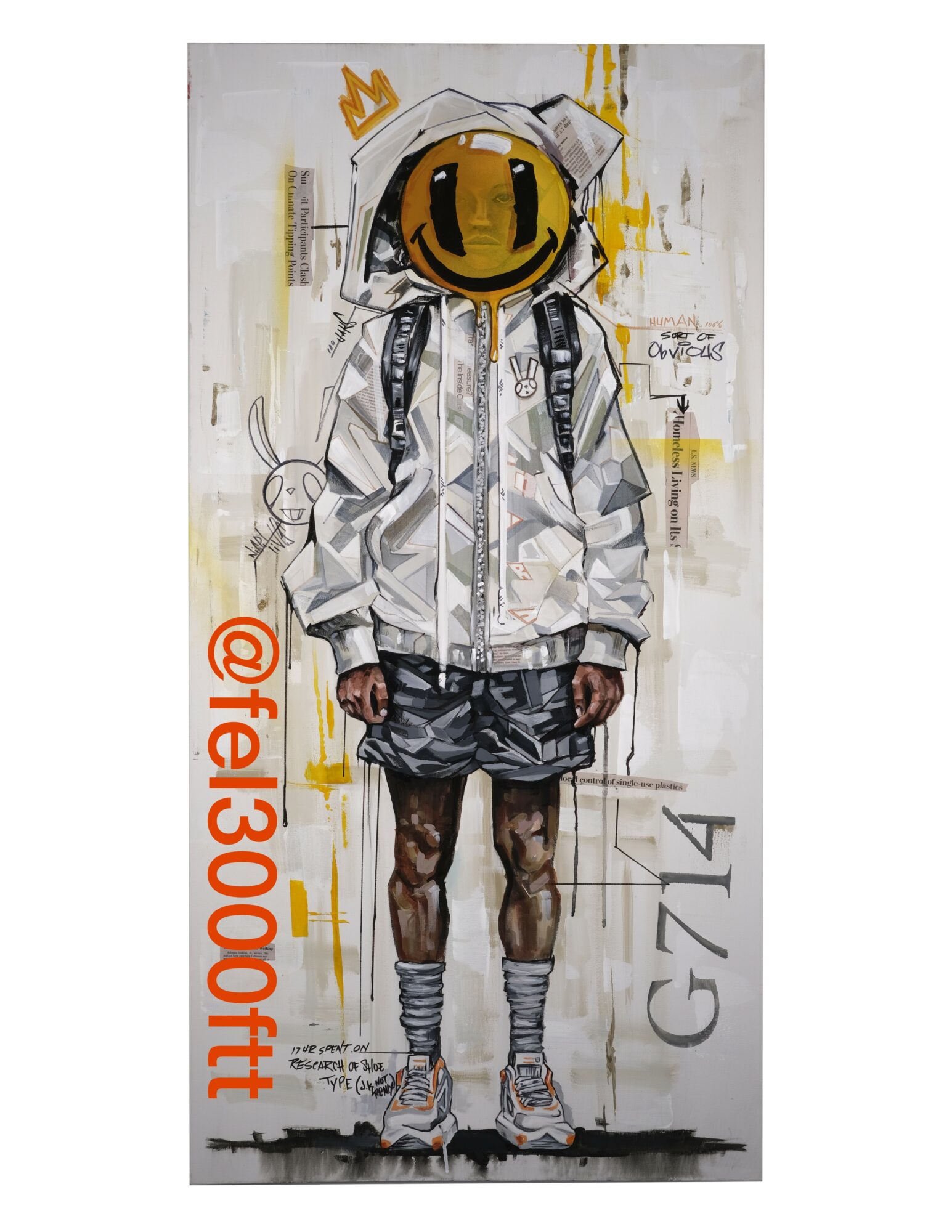 Person with a smiley face helmet, wearing a jacket, shorts, and socks, standing barefoot. Graffiti-style background with yellow accents.