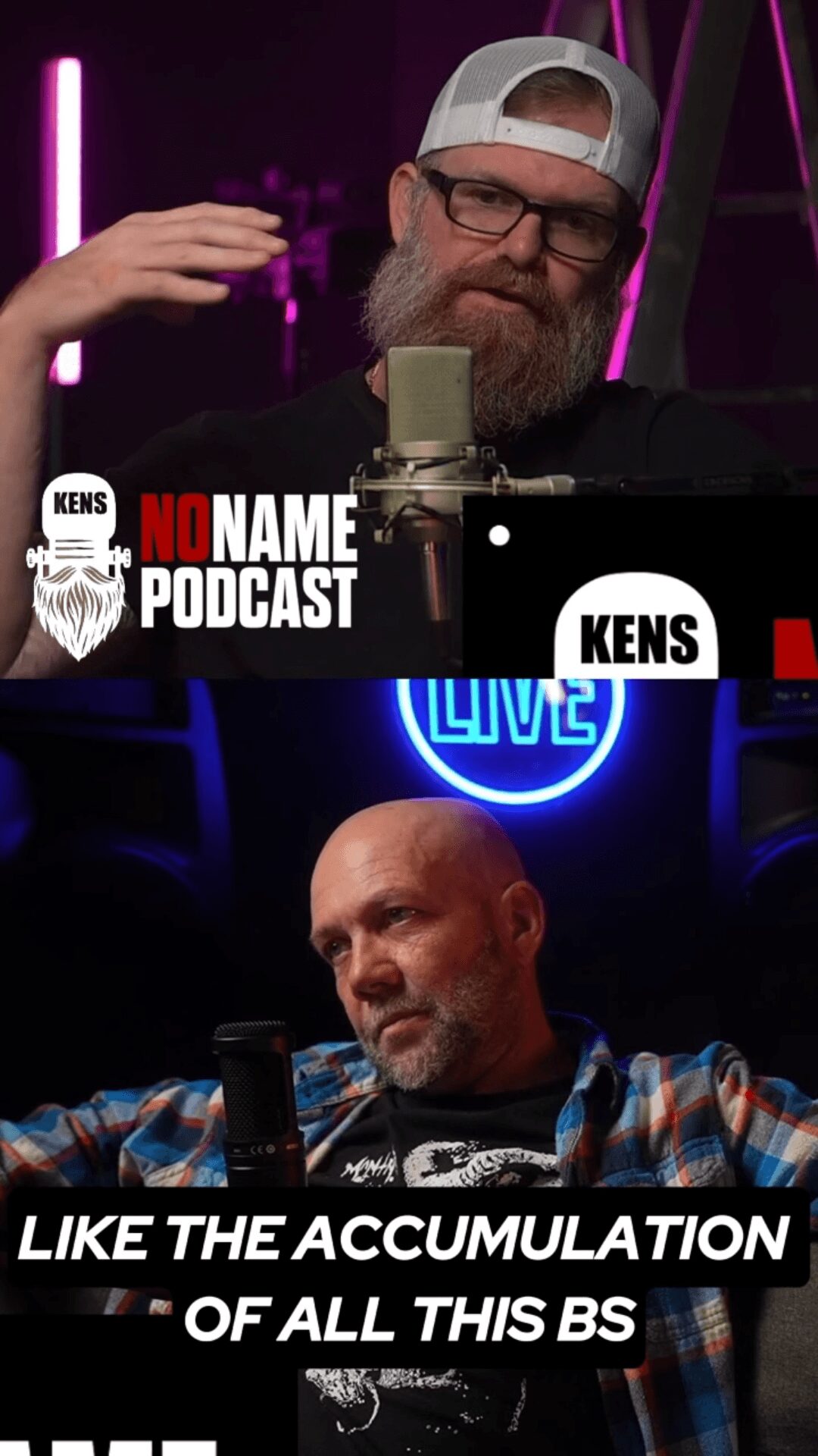Two men speaking into microphones during a podcast, one with a beard and glasses, the other bald with a beard, in a studio.