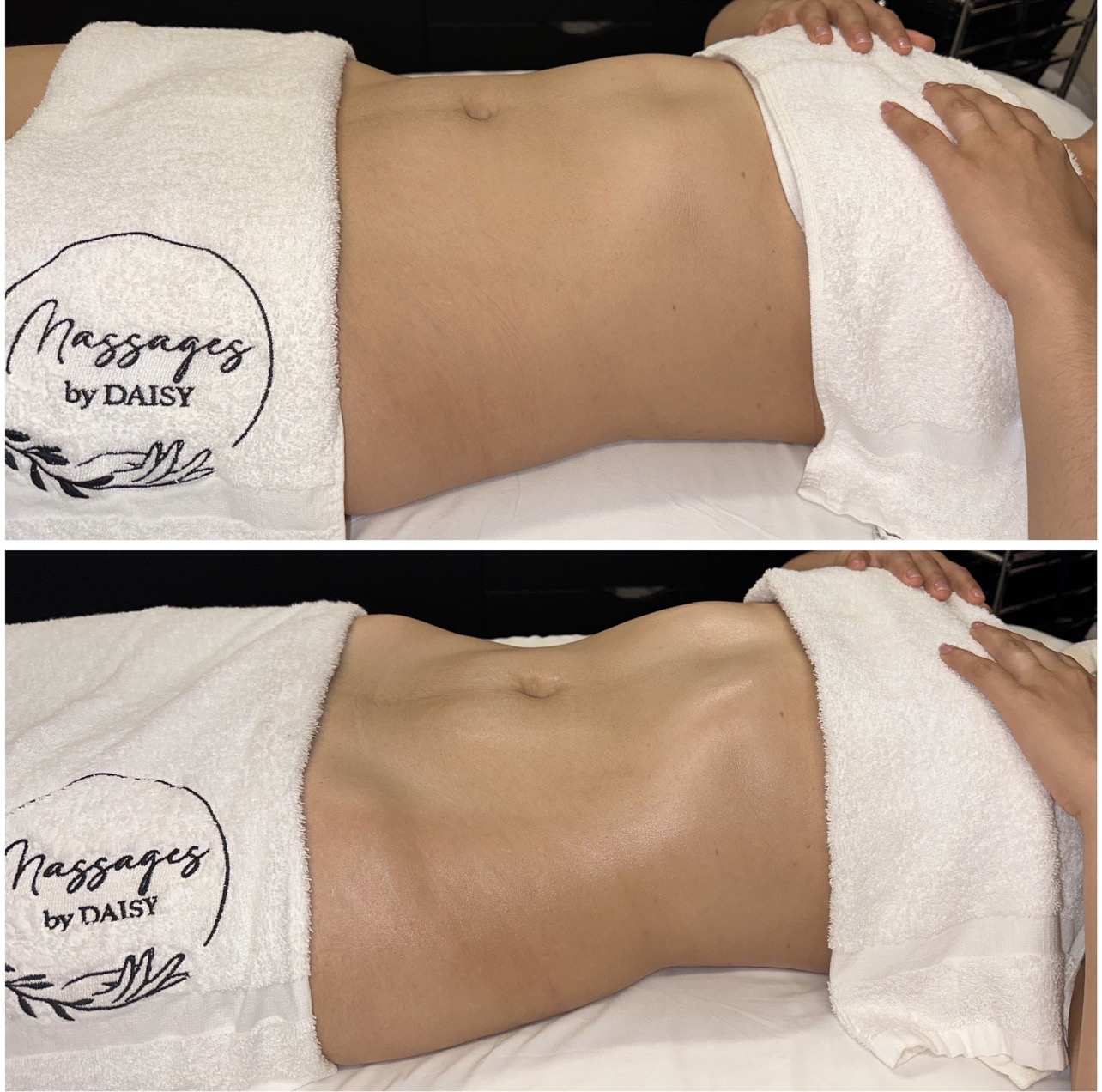 Person receiving a massage on their abdomen, with hands on their sides, towel with logo covering part of the body.