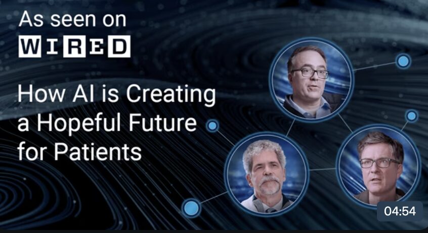 Digital graphic with three people in circular frames, connected by lines, and text about AI creating a hopeful future for patients.