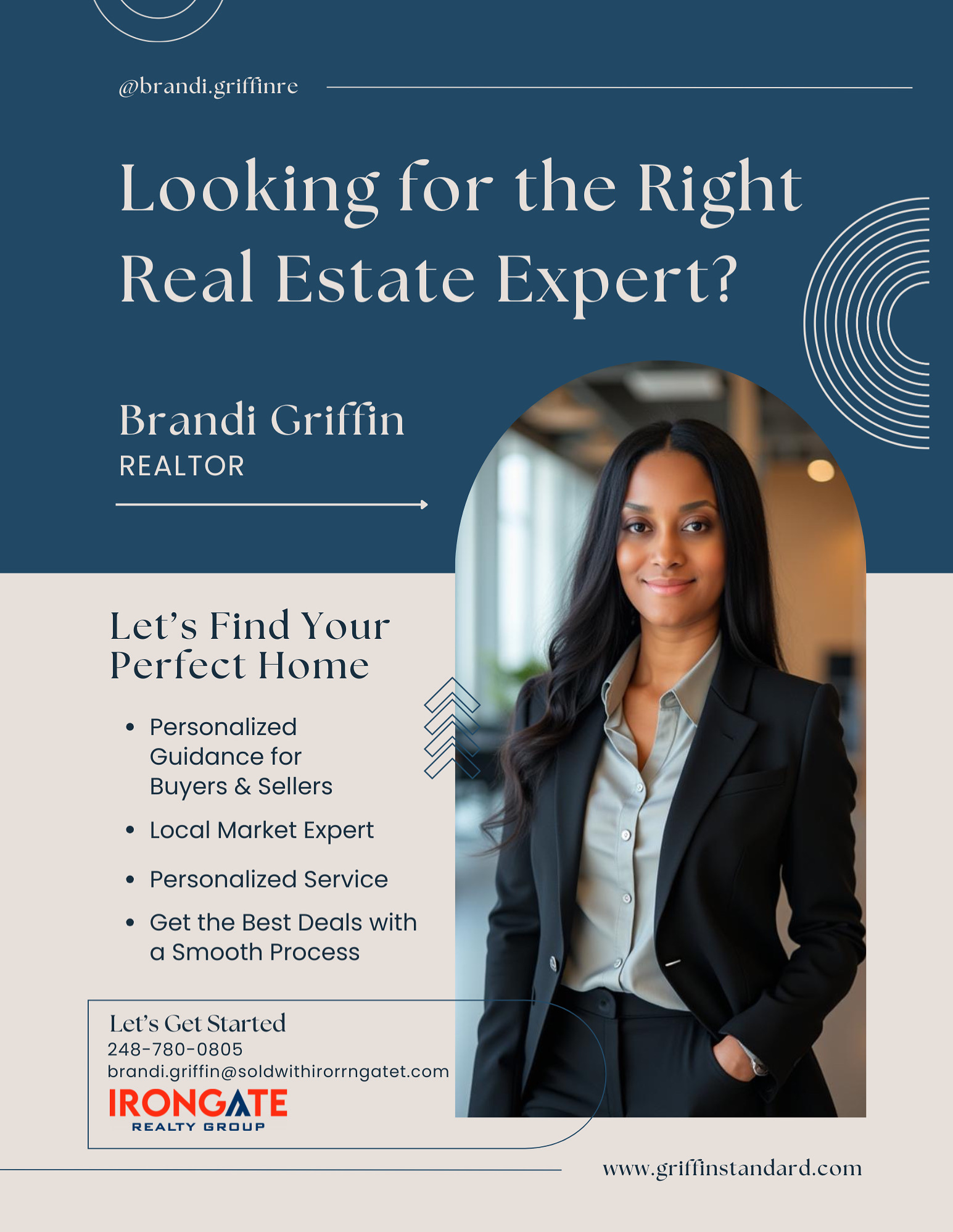 A woman with dark hair smiling, wearing a light-colored blazer, in a professional setting. Text promotes real estate expertise and services.
