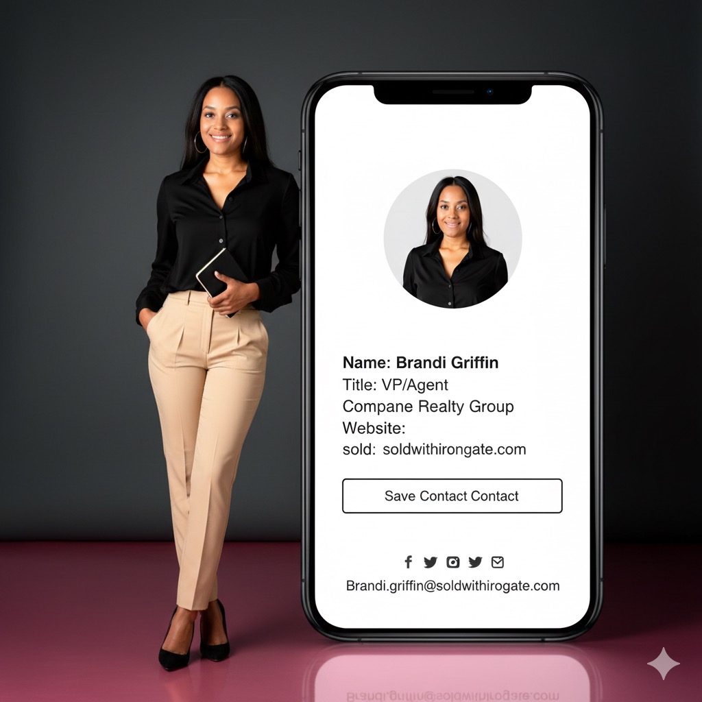Woman in black top and beige pants standing with a phone, next to a large smartphone displaying her contact info.