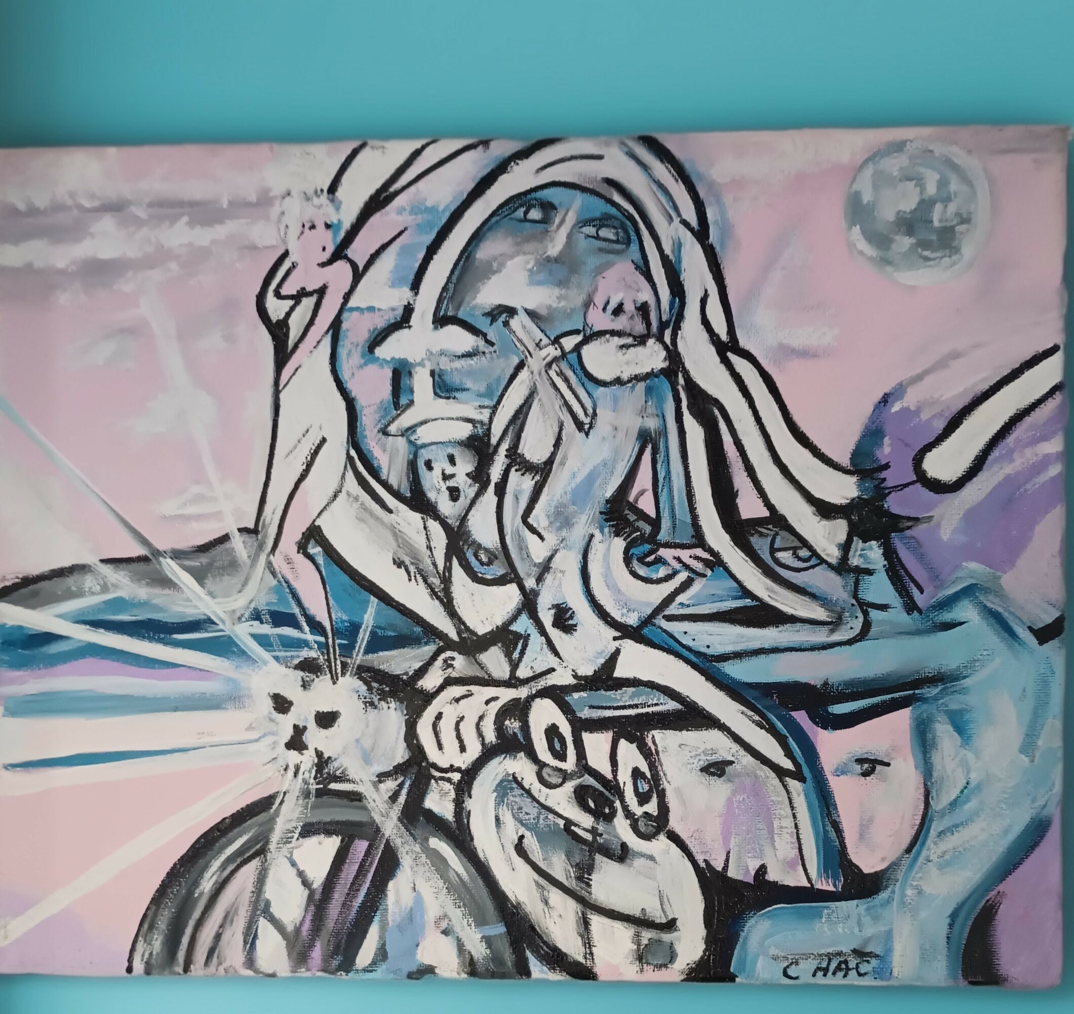 Abstract painting of a person with long hair, holding a cigarette, with a moon in the background, using pastel colors.