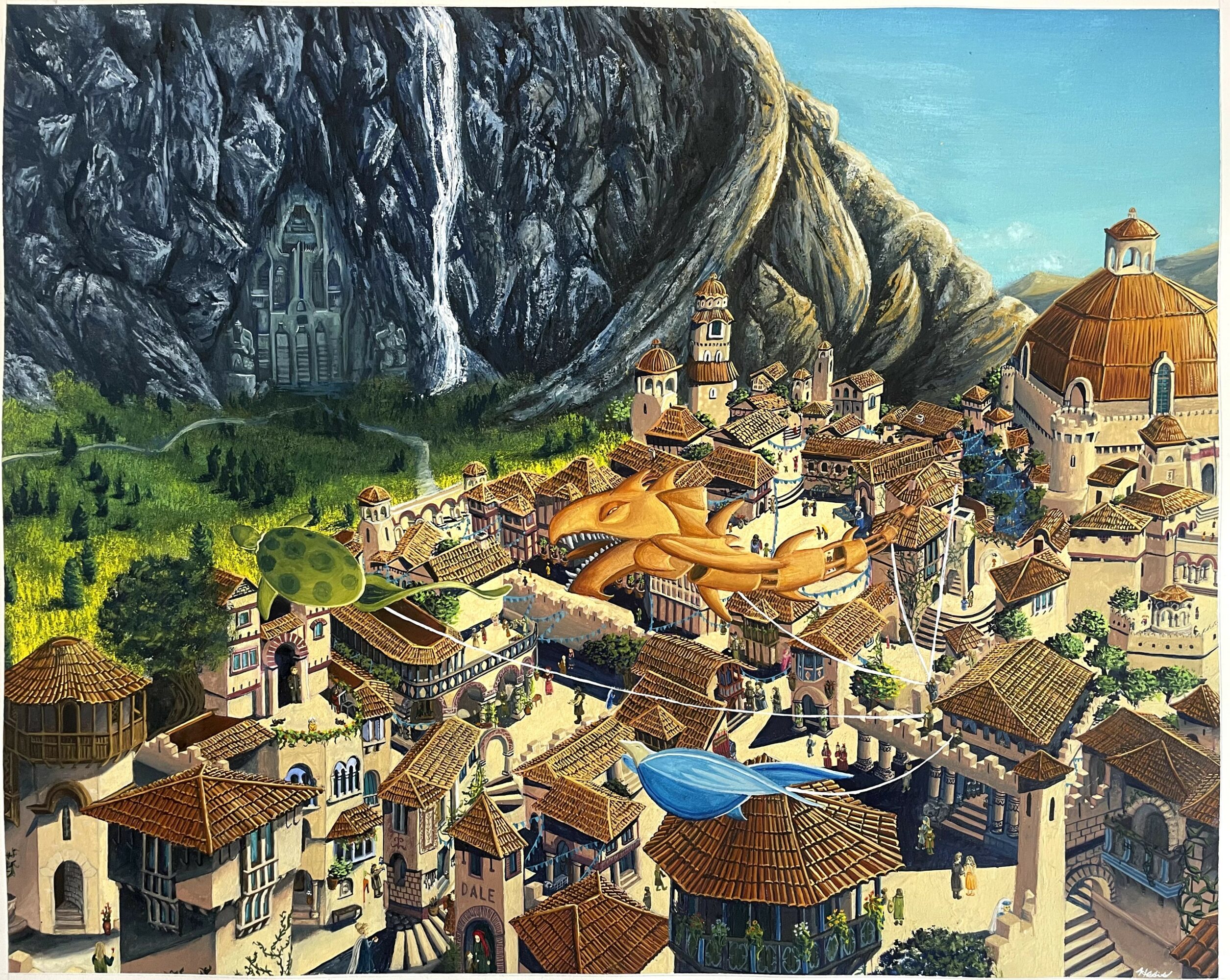 A detailed cityscape with buildings, mountains, and a blue sky, featuring a large dome and waterfalls in the background.