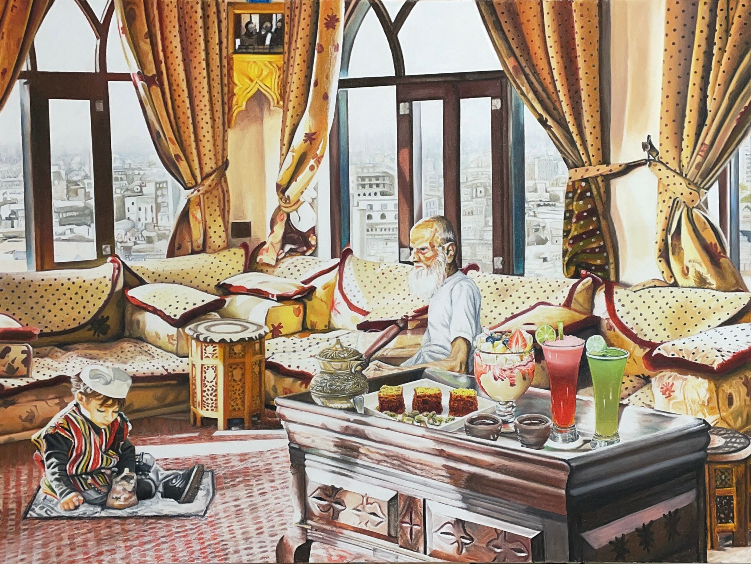 Living room with large windows, colorful curtains, and a sofa with cushions. Two children are playing on the floor and sofa.