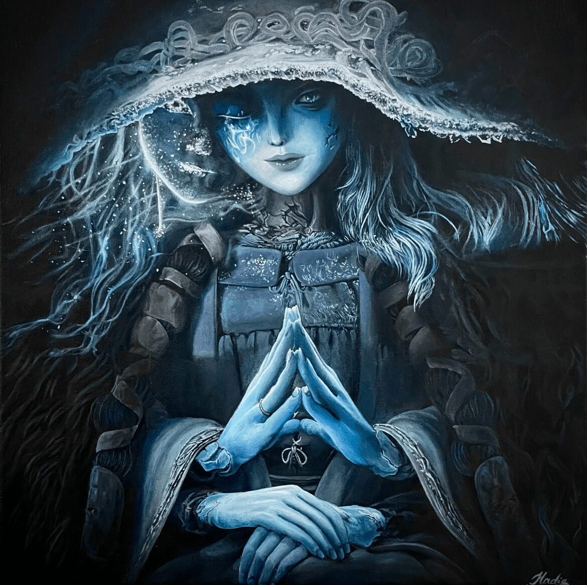 A fantasy-style illustration of a woman with blue skin, wearing a large hat, with hands in prayer position, and a mysterious face.