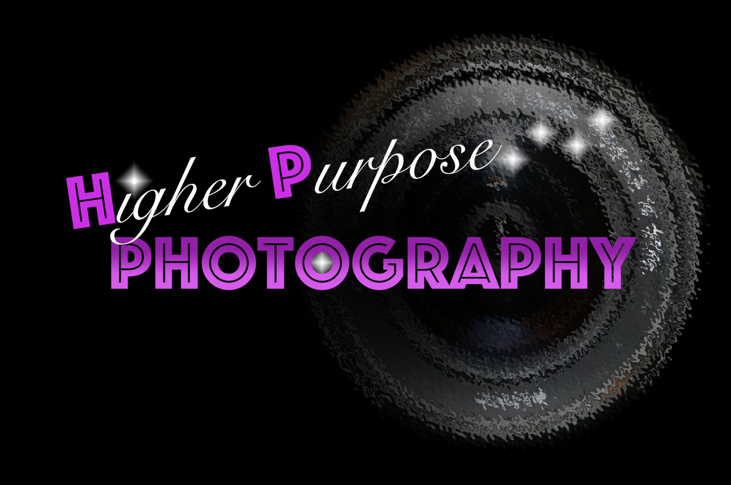 Text reading 'Higher Purpose Photography' with a camera lens and black background.