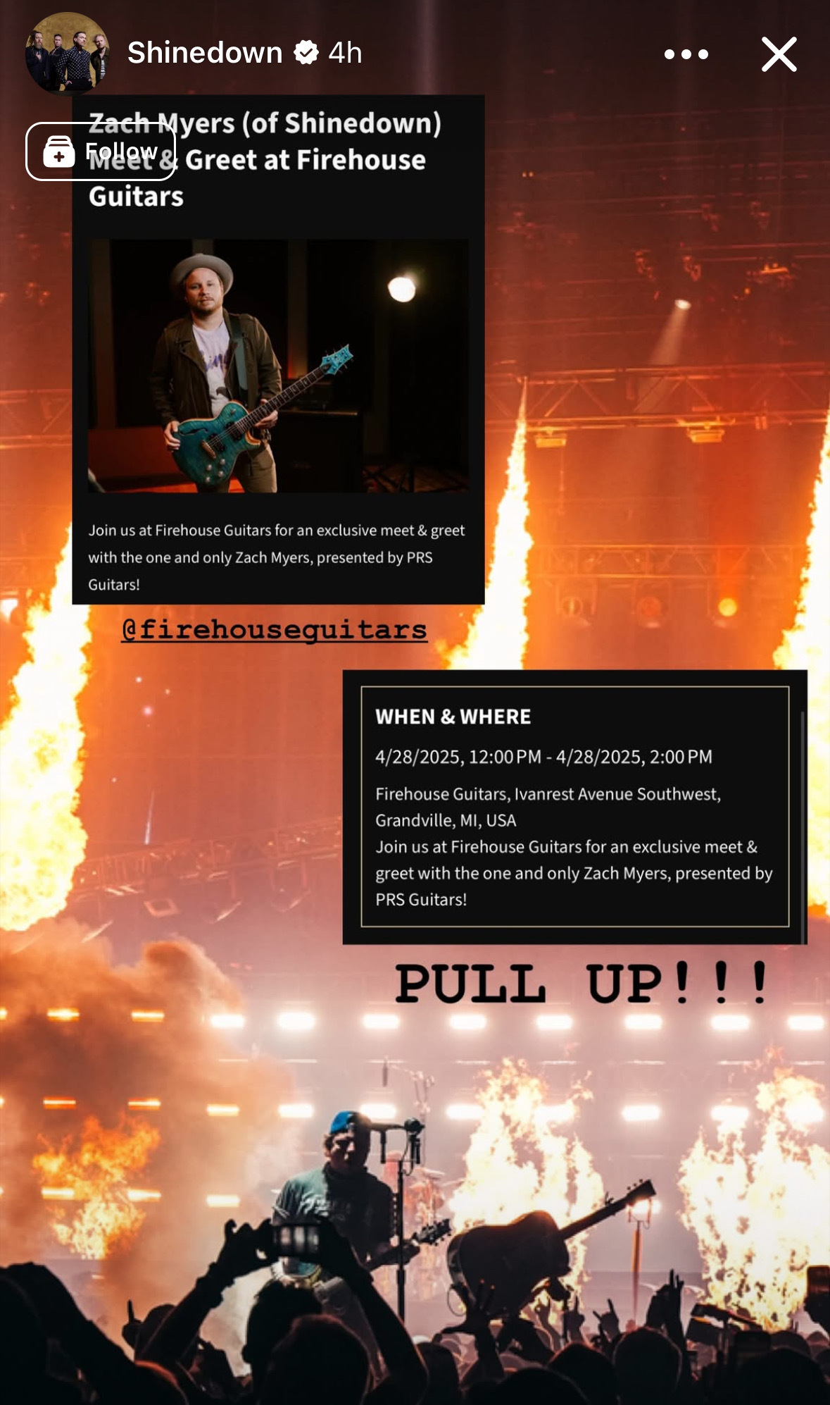Concert scene with a guitarist on stage, bright flames, and audience silhouettes, with text overlay about Firehouse Guitars event.