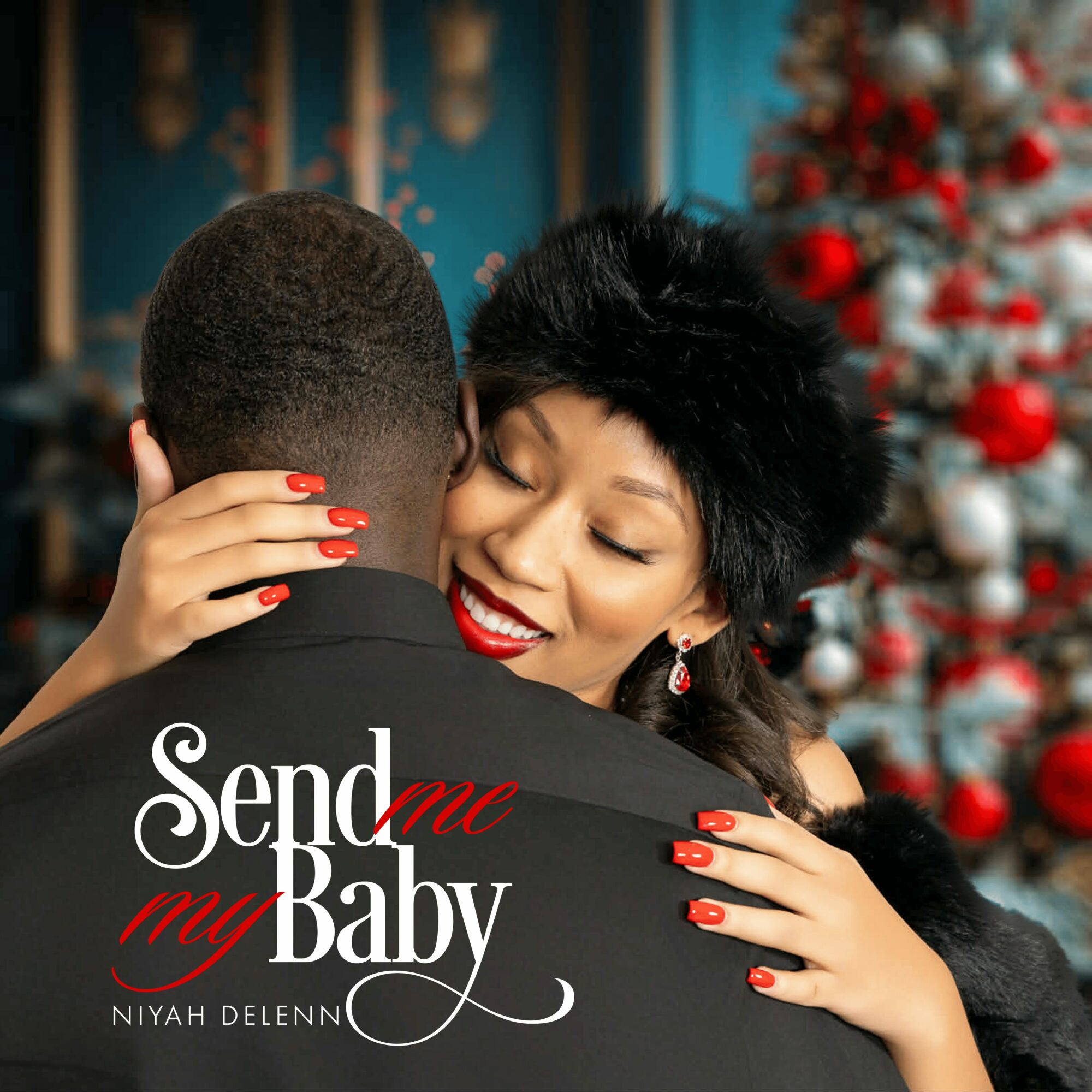 Woman hugging a man with a Christmas tree in the background, smiling with red lipstick and nails, festive scene.
