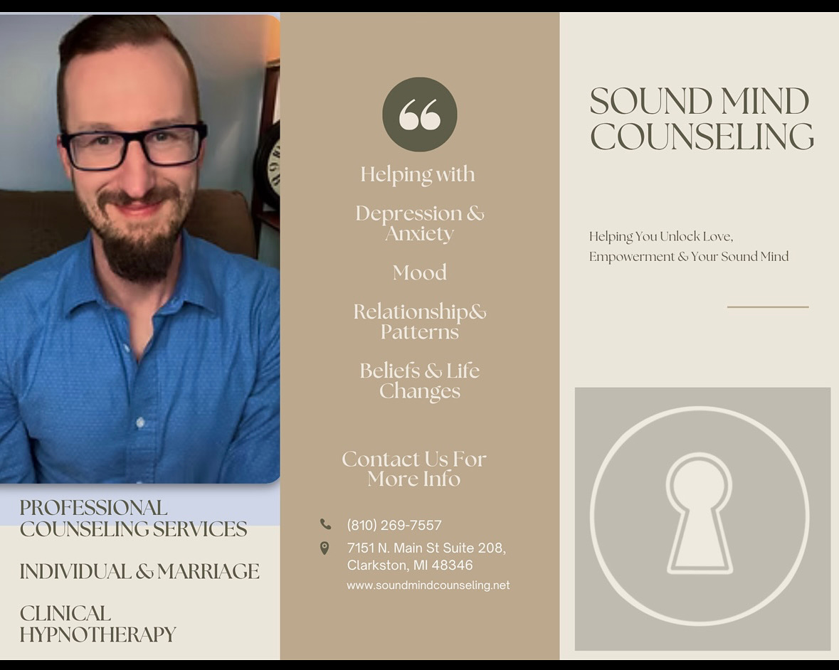 A man with glasses and a beard wearing a blue shirt, smiling, in a professional counseling services flyer, with contact info and a keyhole graphic.