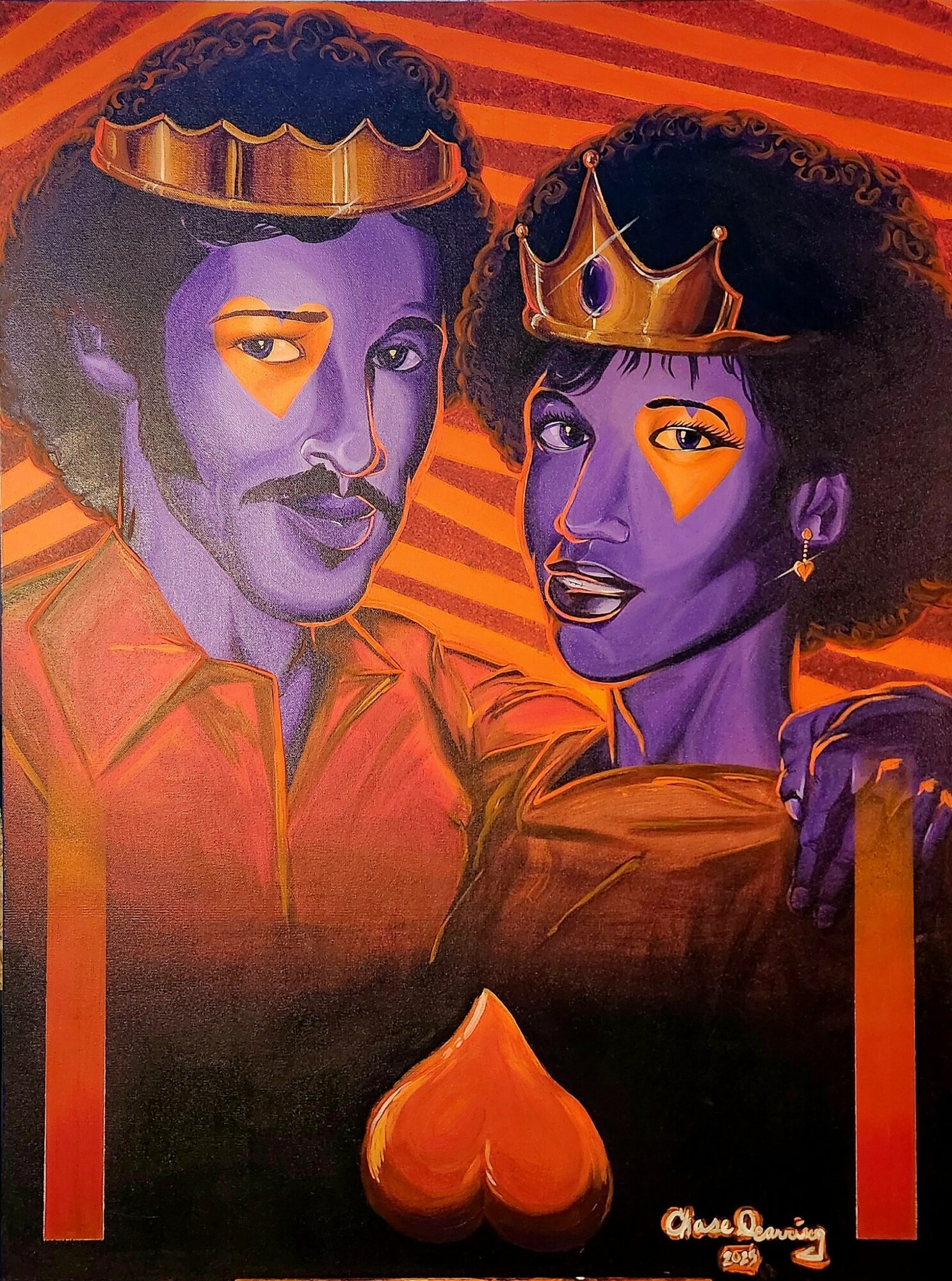 Two people wearing crowns, with a heart shape at the bottom, in a colorful, stylized portrait.