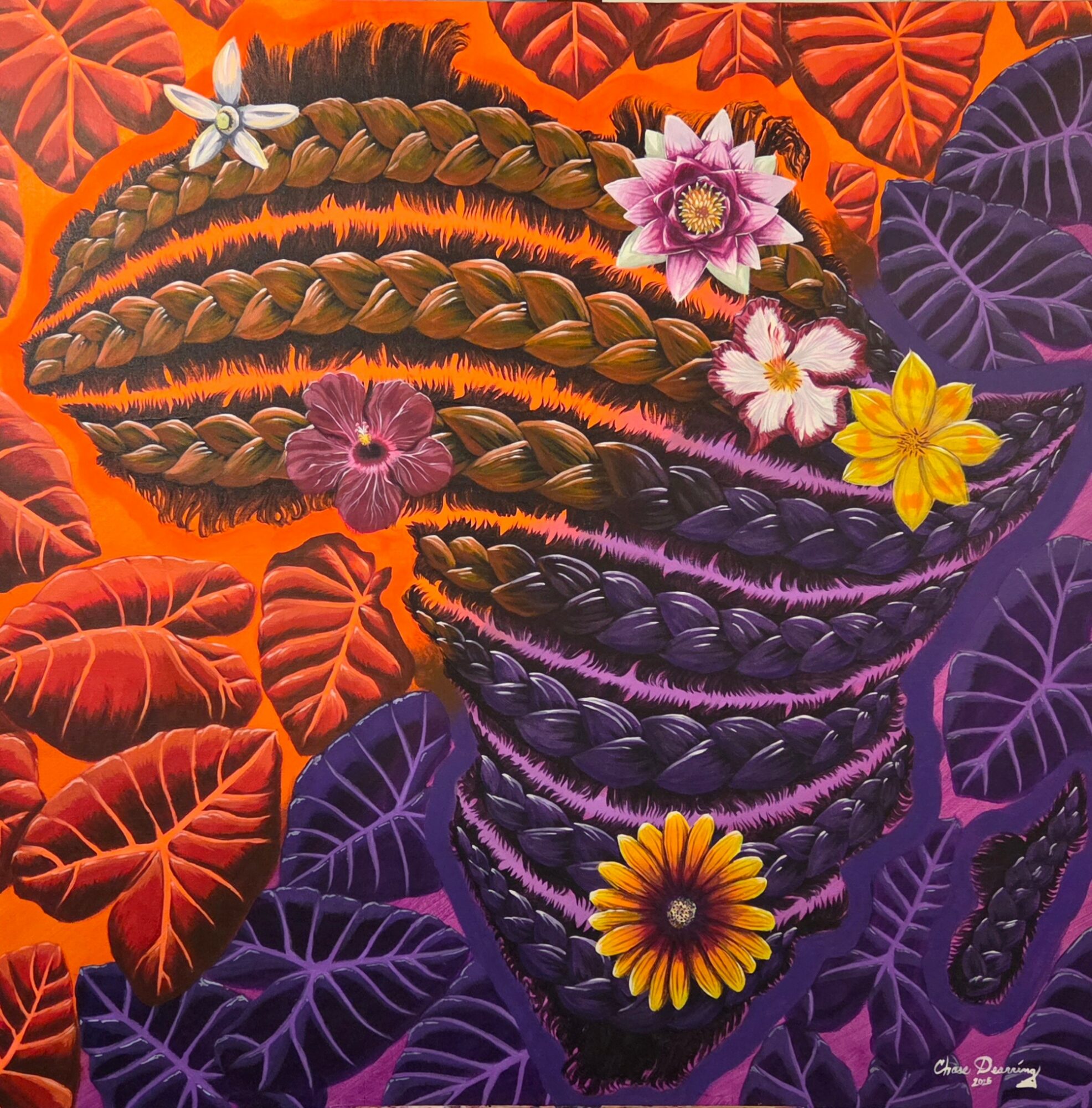 Colorful illustration of braided hair with flowers, surrounded by vibrant red and purple leaves, on an orange background.