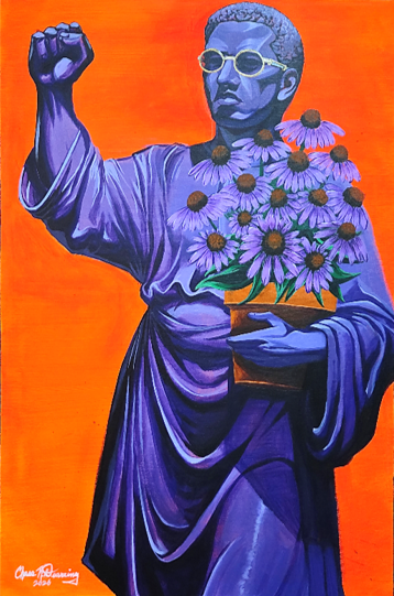 Statue of a person holding a bouquet of daisies, wearing sunglasses, with a raised fist, against an orange background.