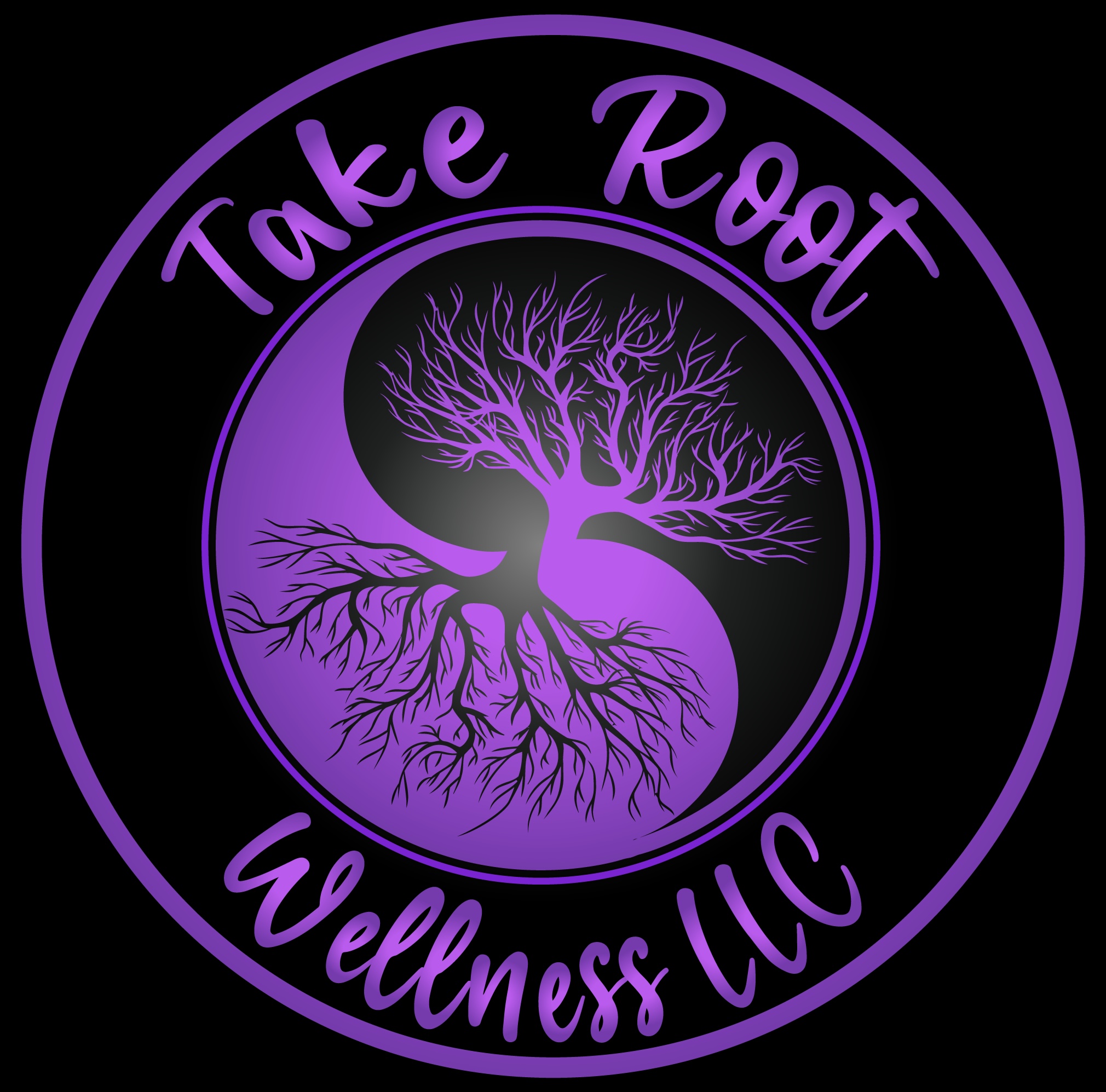 A circular logo with a purple tree and roots, and the text 'Take Root Wellness LLC' around it.