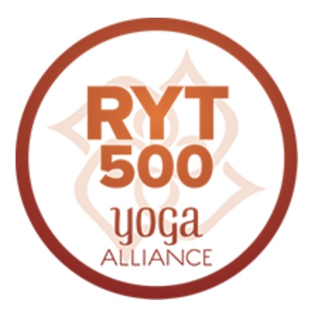 Logo with text 'RYT 500 yoga ALLIANCE' inside a circular border, with a stylized background design.